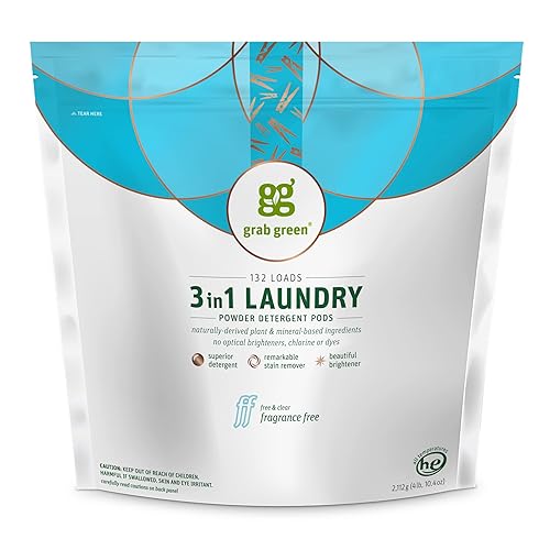 Grab Green 3-in-1 Laundry Detergent Pods, Fragrance Free, Plant and Mineral Based, Superior Cleaning Power, Stain Remover, Brightens Clothes, White