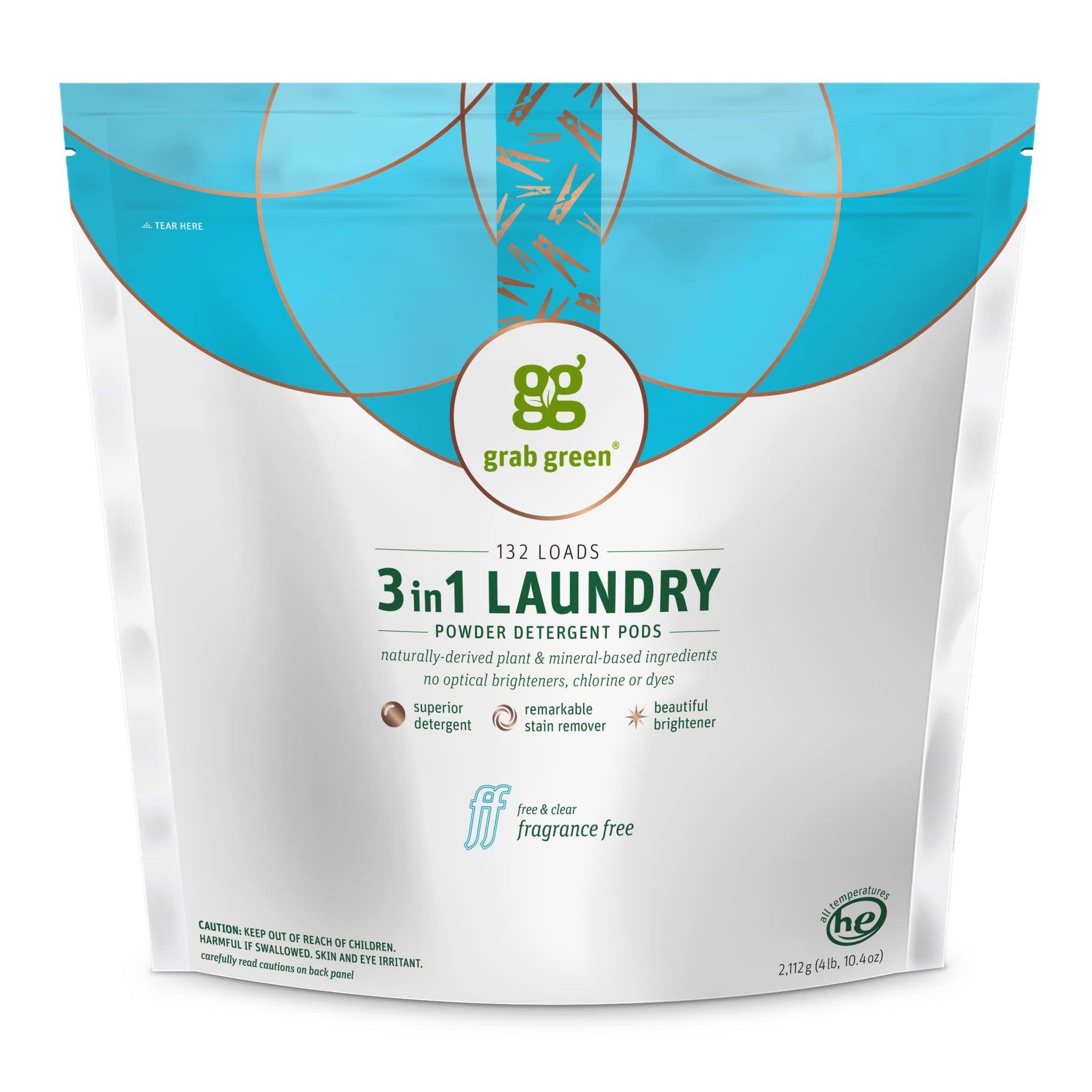 Grab Green 3-in-1 Laundry Detergent Pods, Fragrance Free, Plant and Mineral Based, Superior Cleaning Power, Stain Remover, Brightens Clothes, White