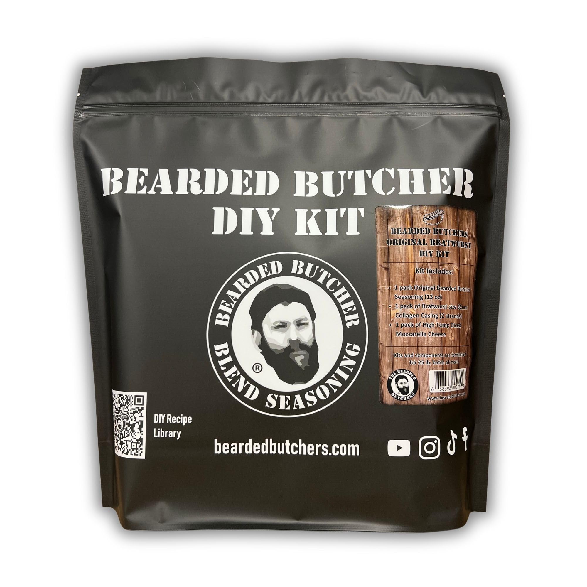 Bearded Butchers Original Bratwurst DIY Kit - Make Mild & Flavorful Homemade Brats - Includes Our Original Seasoning, High-Temp Mozzarella Cheese, and