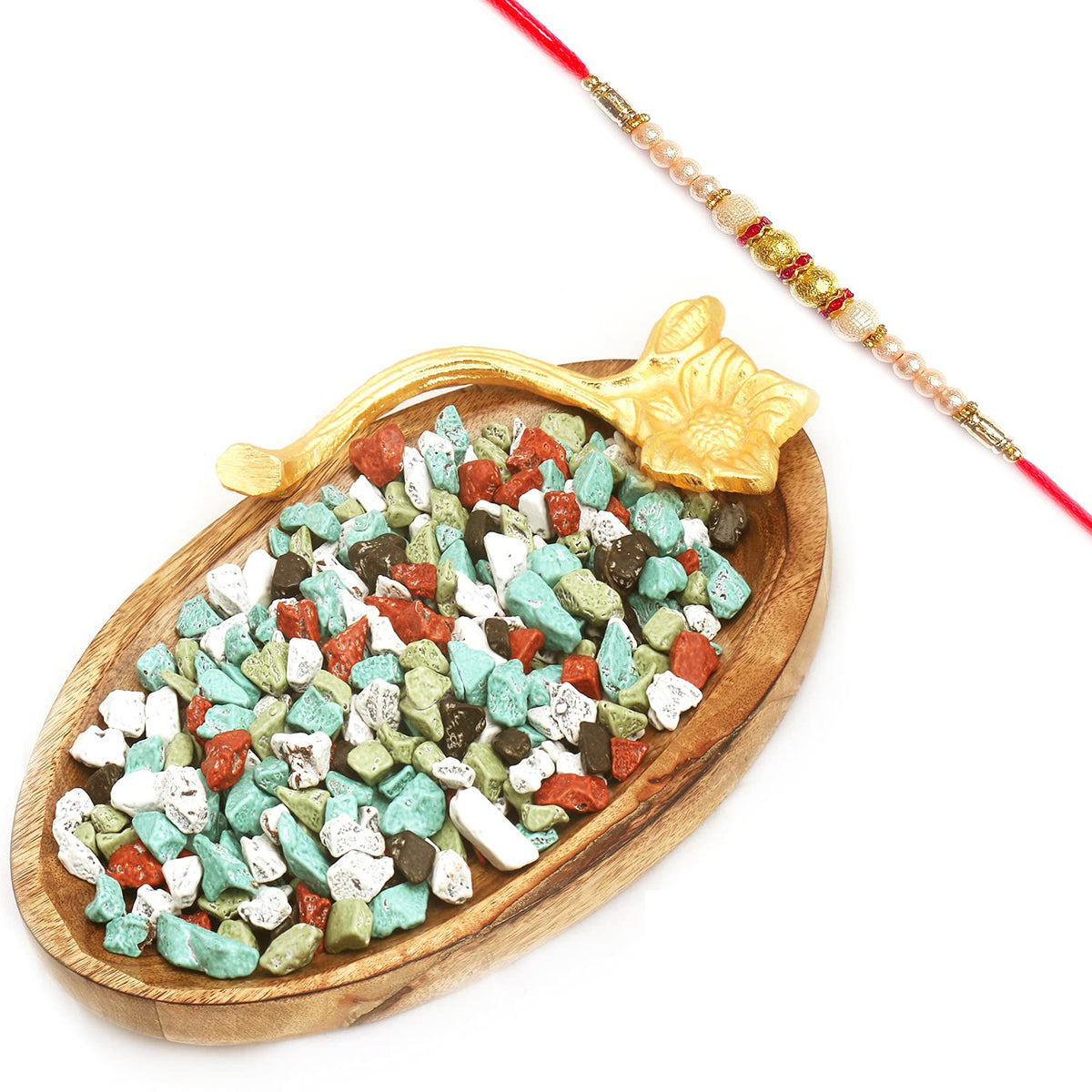 Ghasitaram Gifts Rakhi Gifts for Brothers Rakhi Chocolate Wooden Stone Chocolate Platter with Pearl Rakhi
