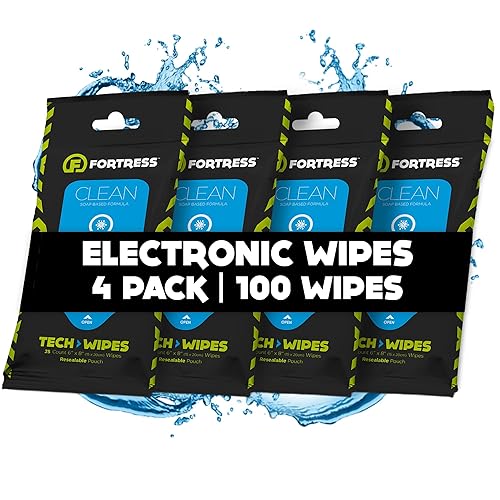 Fortress Electronic Wipes (25 ct, Pack of 4) To-Go Tech Wipes for Screens, Phones, Keyboards, TV Monitors, Computer Screens, and More [Travel Size]