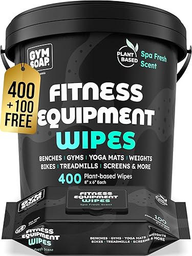 Gym & Yoga Mat Cleaner Wipes, Plant Based - 500 Gym Equipment Wipes to Clean Exercise Equipment, Treadmill, Peloton Bikes - Gym Supplies, Yoga