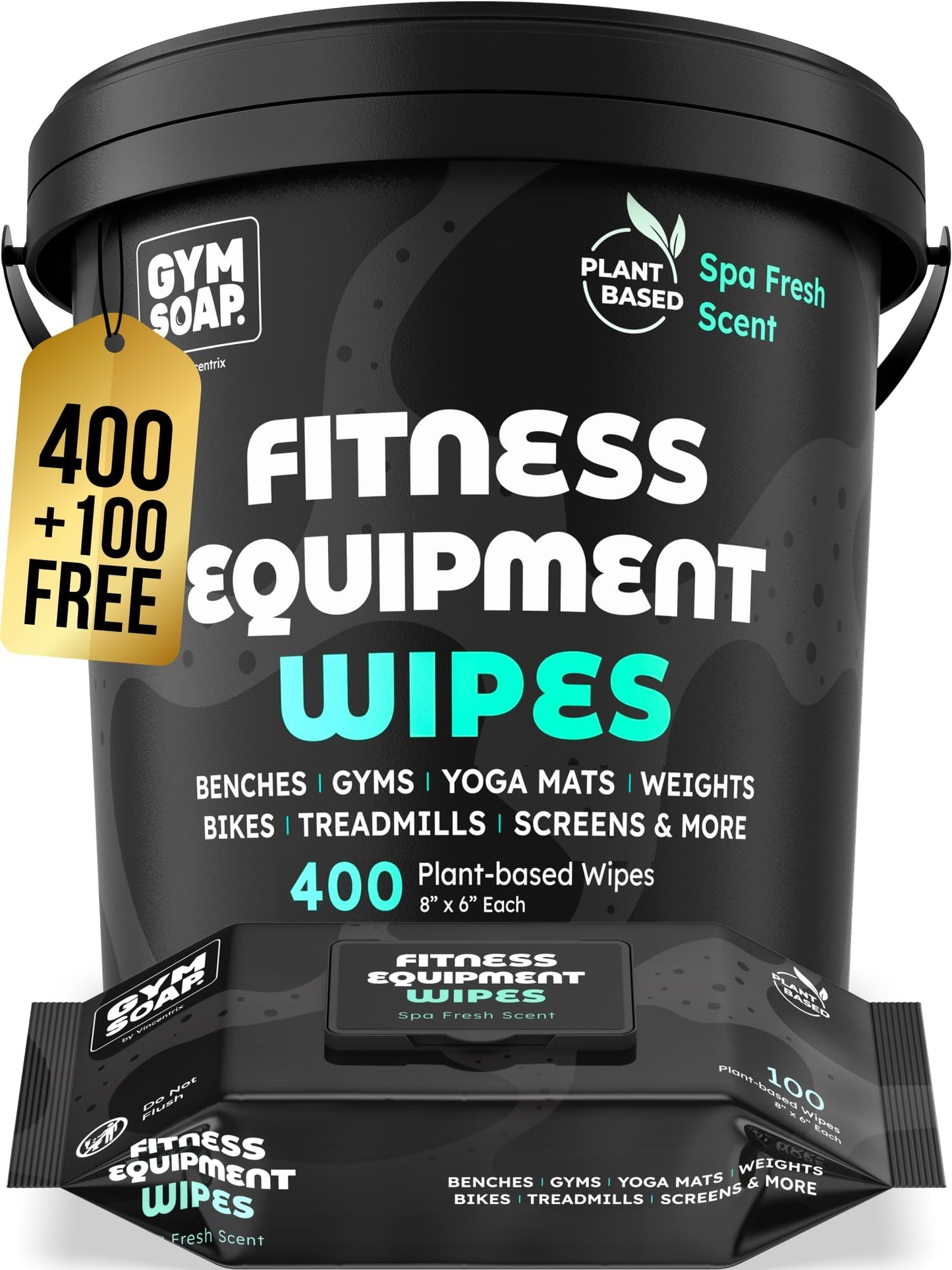 Gym & Yoga Mat Cleaner Wipes, Plant Based - 500 Gym Equipment Wipes to Clean Exercise Equipment, Treadmill, Peloton Bikes - Gym Supplies, Yoga