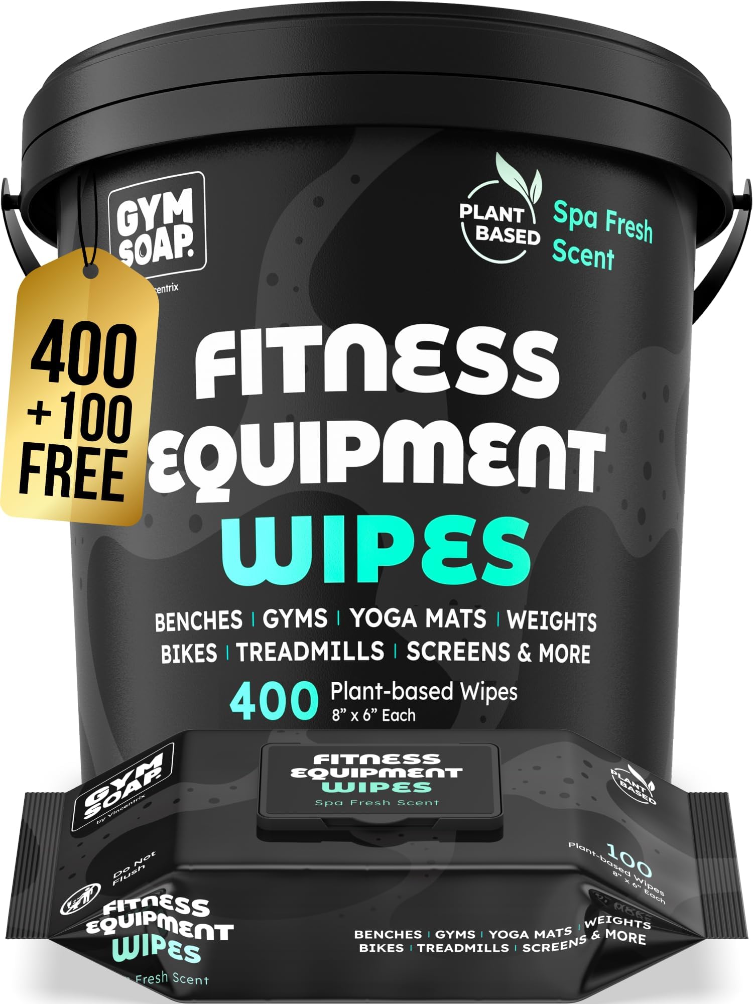Gym & Yoga Mat Cleaner Wipes, Plant Based - 500 Gym Equipment Wipes to Clean Exercise Equipment, Treadmill, Peloton Bikes - Gym Supplies, Yoga