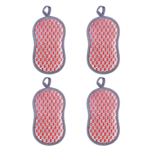 YANCAI 1 Pc/4 Pcs Multi-Purpose Scrub Sponges for Kitchen, Non-Scratch Microfiber Sponge Along with Heavy Duty Scouring Power(Red 4Pcs)