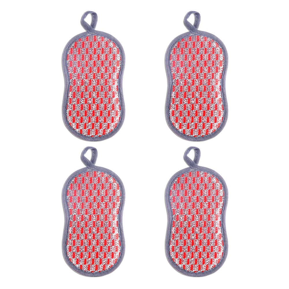 YANCAI 1 Pc/4 Pcs Multi-Purpose Scrub Sponges for Kitchen, Non-Scratch Microfiber Sponge Along with Heavy Duty Scouring Power(Red 4Pcs)