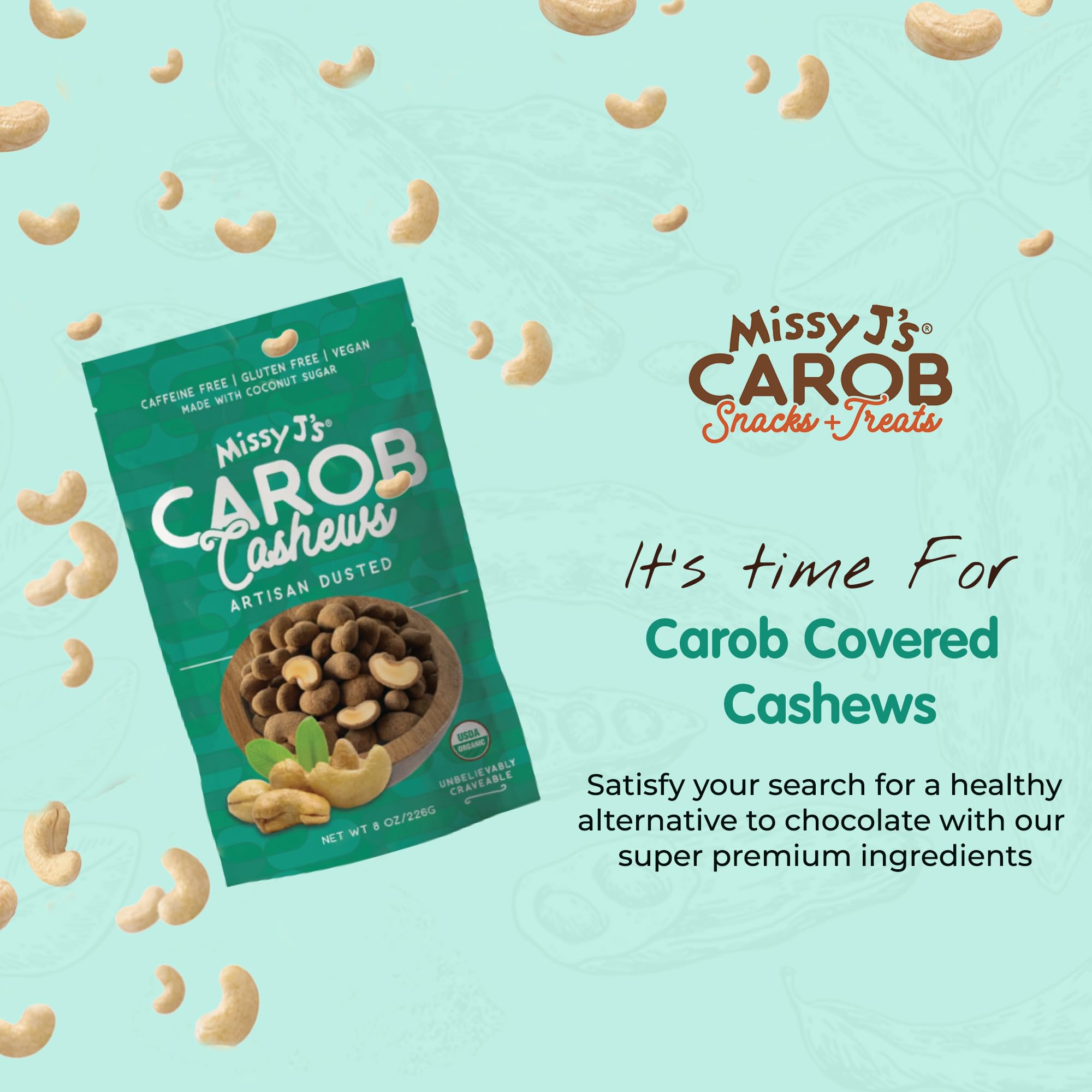 Missy J's Organic Carob Covered Cashews 8 Oz 3 Pack, Vegan Gluten Free, Substitute for Chocolate, Perfect for Snacks and Treats