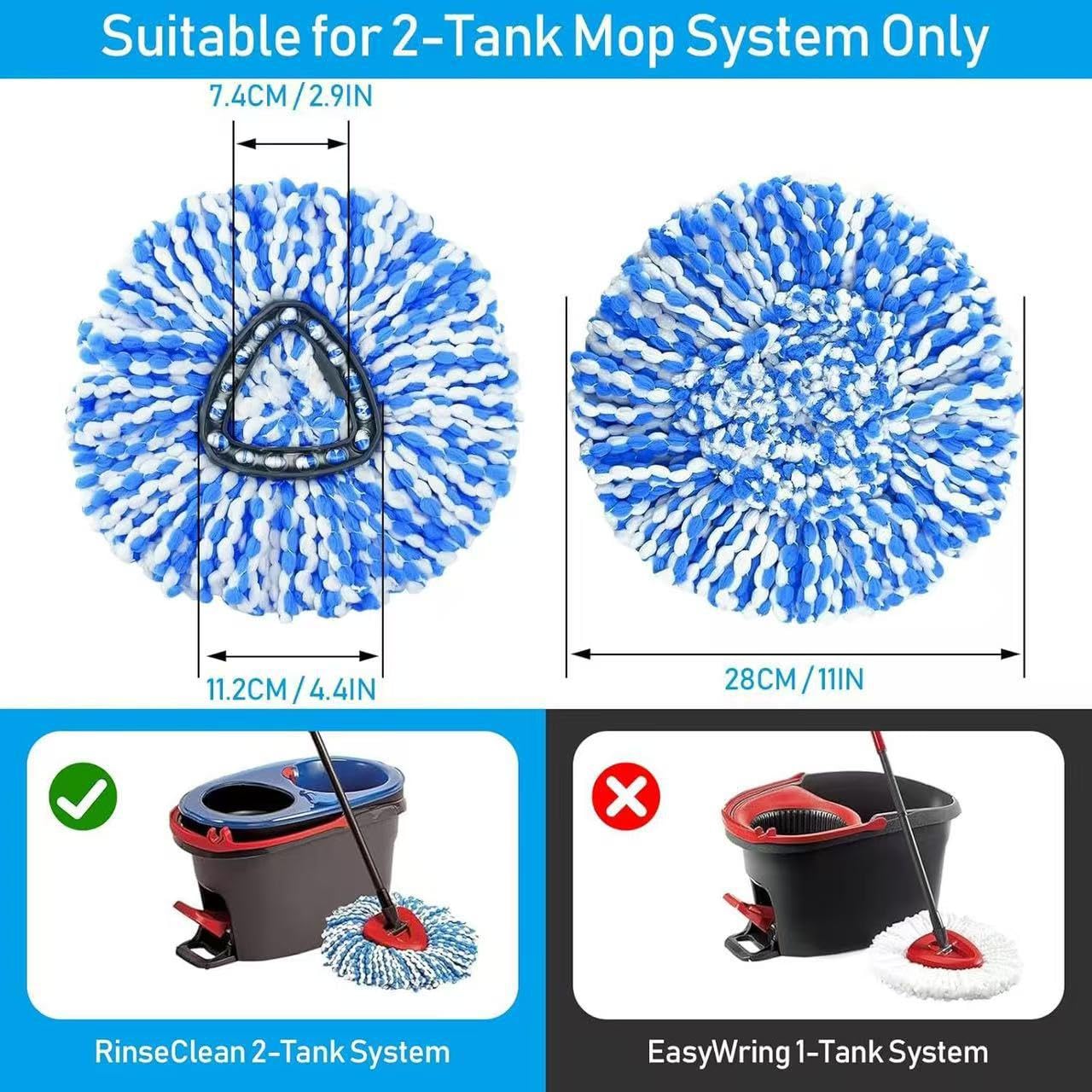 4 Pack Spin Mop Replacement Head Compatible with O-Cedar RinseClean 2-Tank Spin Mop System, Blue Microfiber Refill Heads, Machine Washable