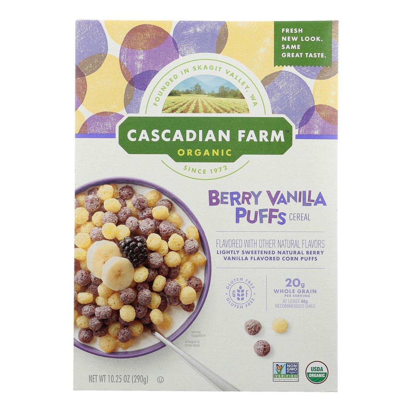 Cascadian Farm Organic Berry Vanilla Puffs Cereal, 10.25 Ounce - 12 per case.