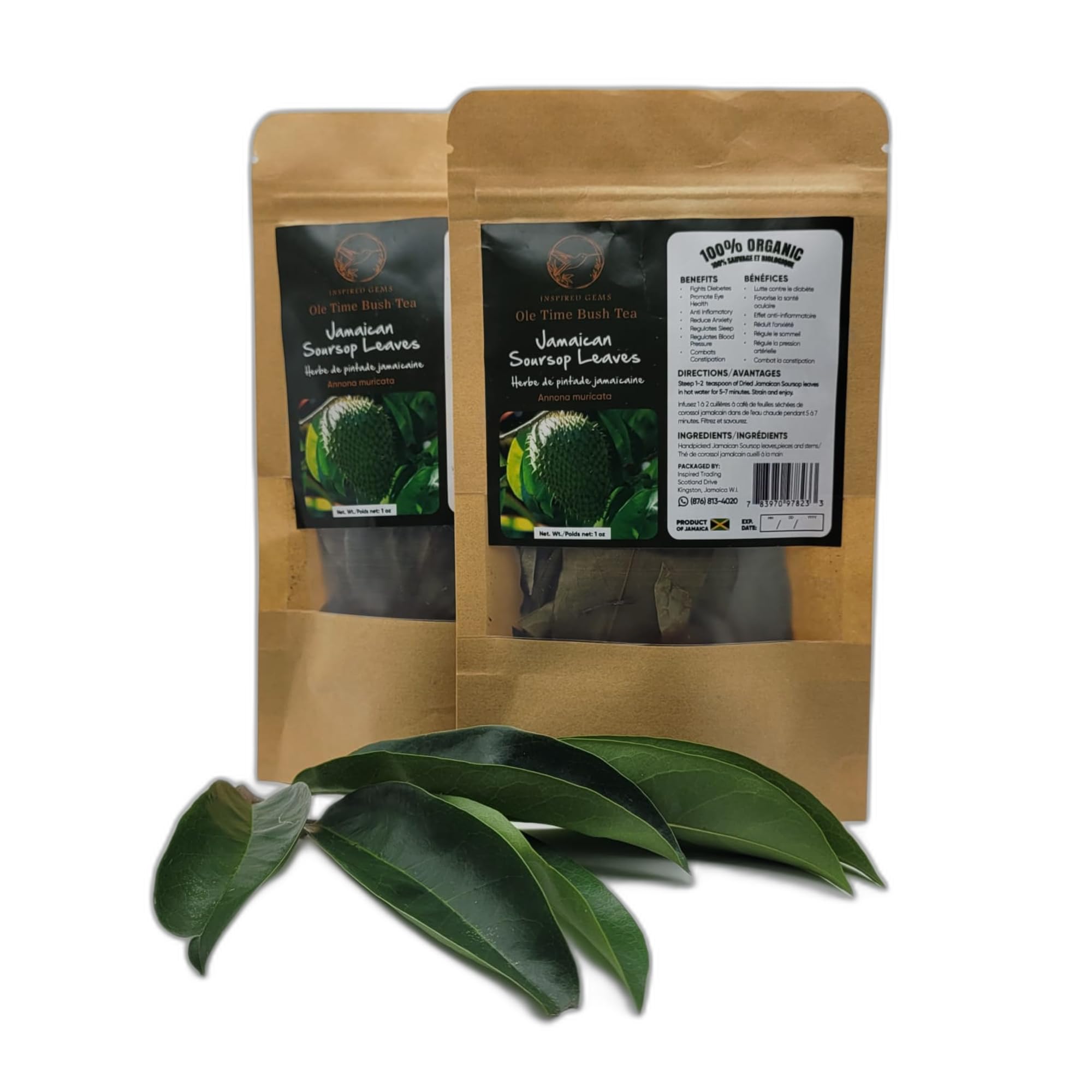 Organic Jamaican Soursop Leaf Tea - 2 Pack (2 x 1oz) - Handpicked Graviola Leaves - Bushtea-Dried Tea Leaves - 100% Natural Dried Soursop from Jamaica