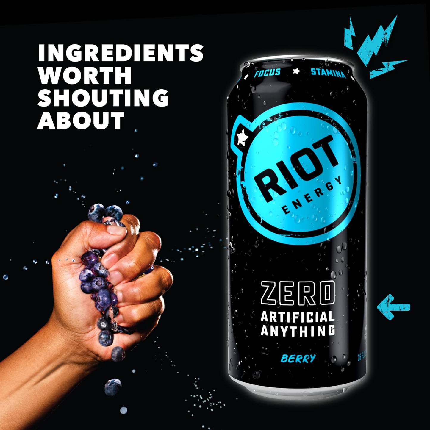 RIOT Clean Energy Drink - Berry | No Sucralose, No Sugar Added, No Artificial Flavors | 160mg Natural Caffeine + 100mg L-Theanine | Clean Focus