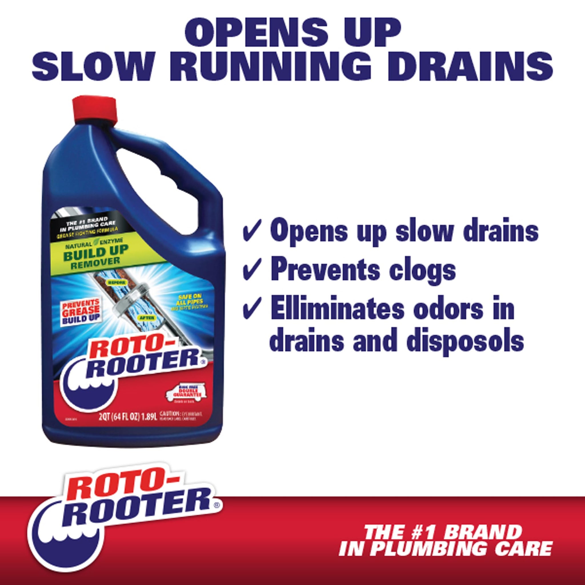 Roto-Rooter Build-Up Remover Drain Cleaner, Enzyme-Based Formula Helps Prevent Clogs and Grease Buildup, Removes Odor, Safe for Septic Systems, Pipes
