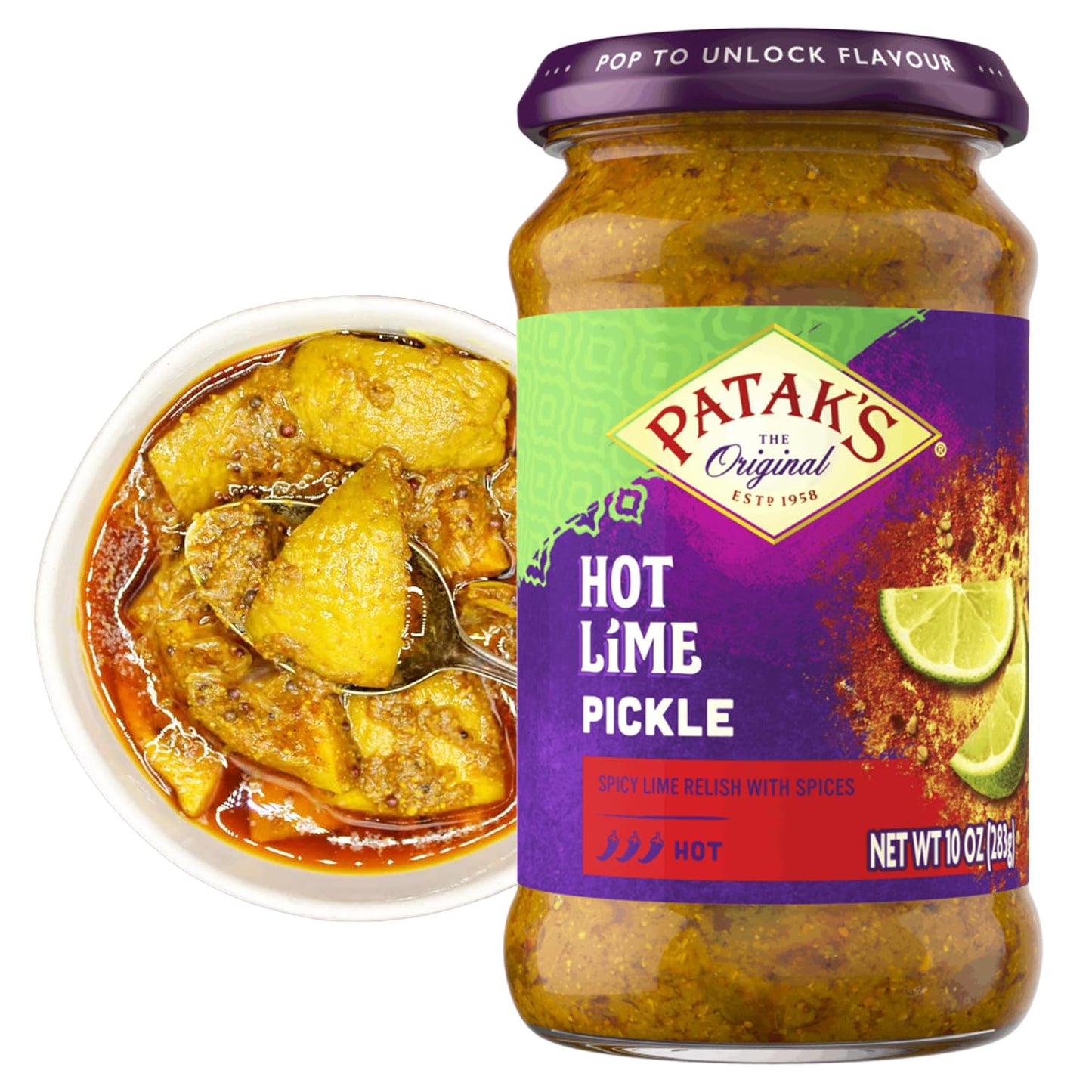 Patak’s Hot Lime Pickle - Authentic Indian Relish w/Lime Dices, Mustard Seeds & Aromatic Spices - Perfect for Sandwiches, Curries, Salads & Cold Meats