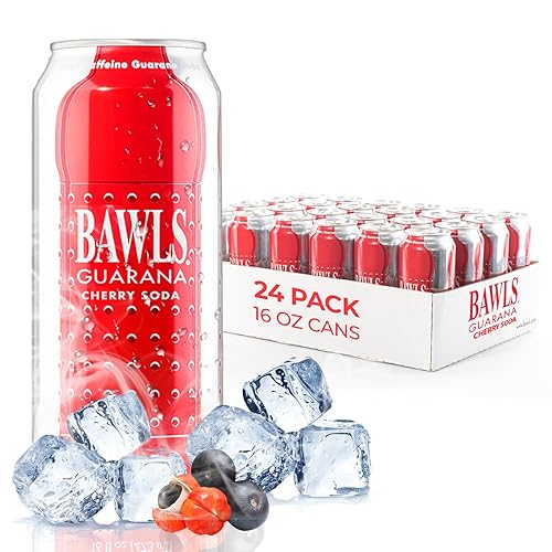 BAWLS Guarana Cherry, BAWLS Guarana Drink, Guarana Soda, Guarana Fueled Soda for Energy, High Energy Caffeinated Drink, 16oz 24 Pack Cans