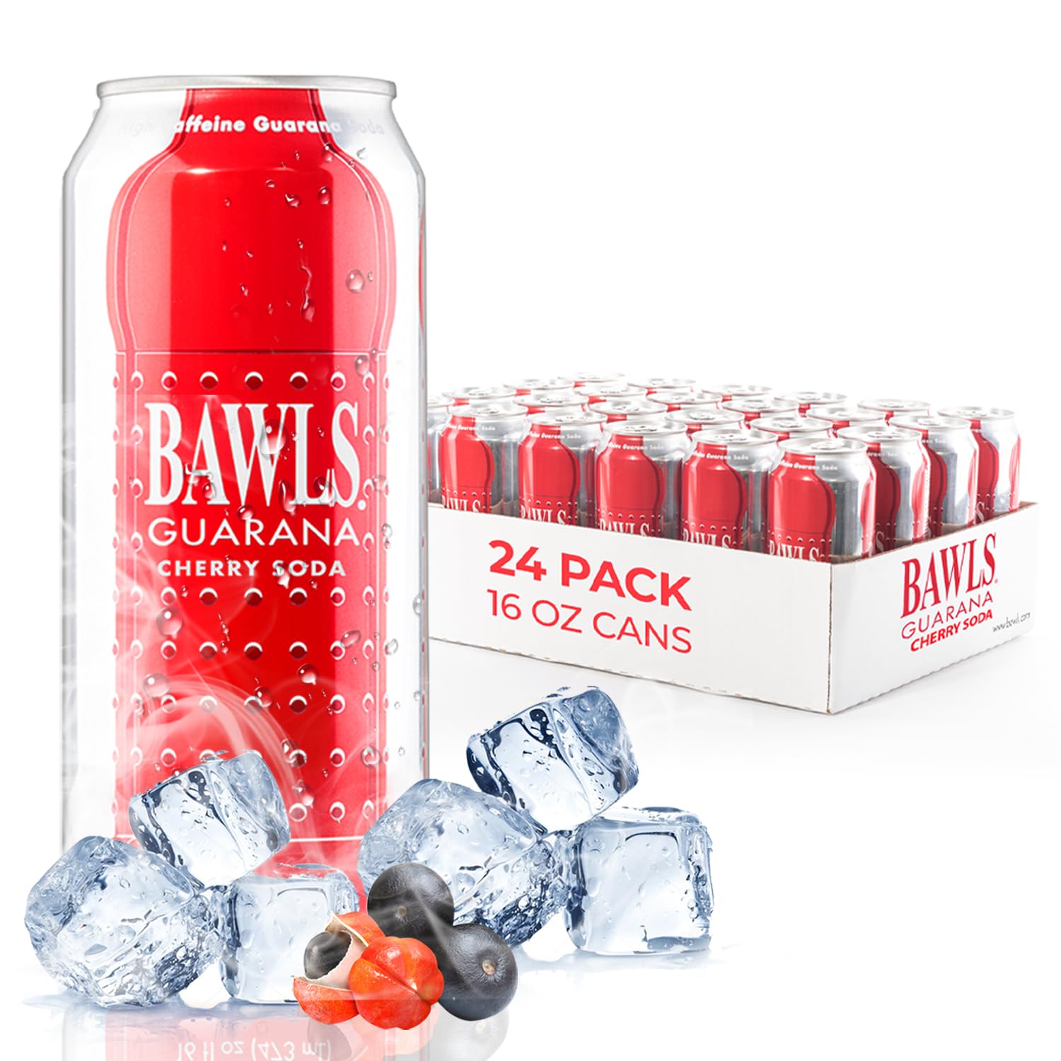 BAWLS Guarana Cherry, BAWLS Guarana Drink, Guarana Soda, Guarana Fueled Soda for Energy, High Energy Caffeinated Drink, 16oz 24 Pack Cans