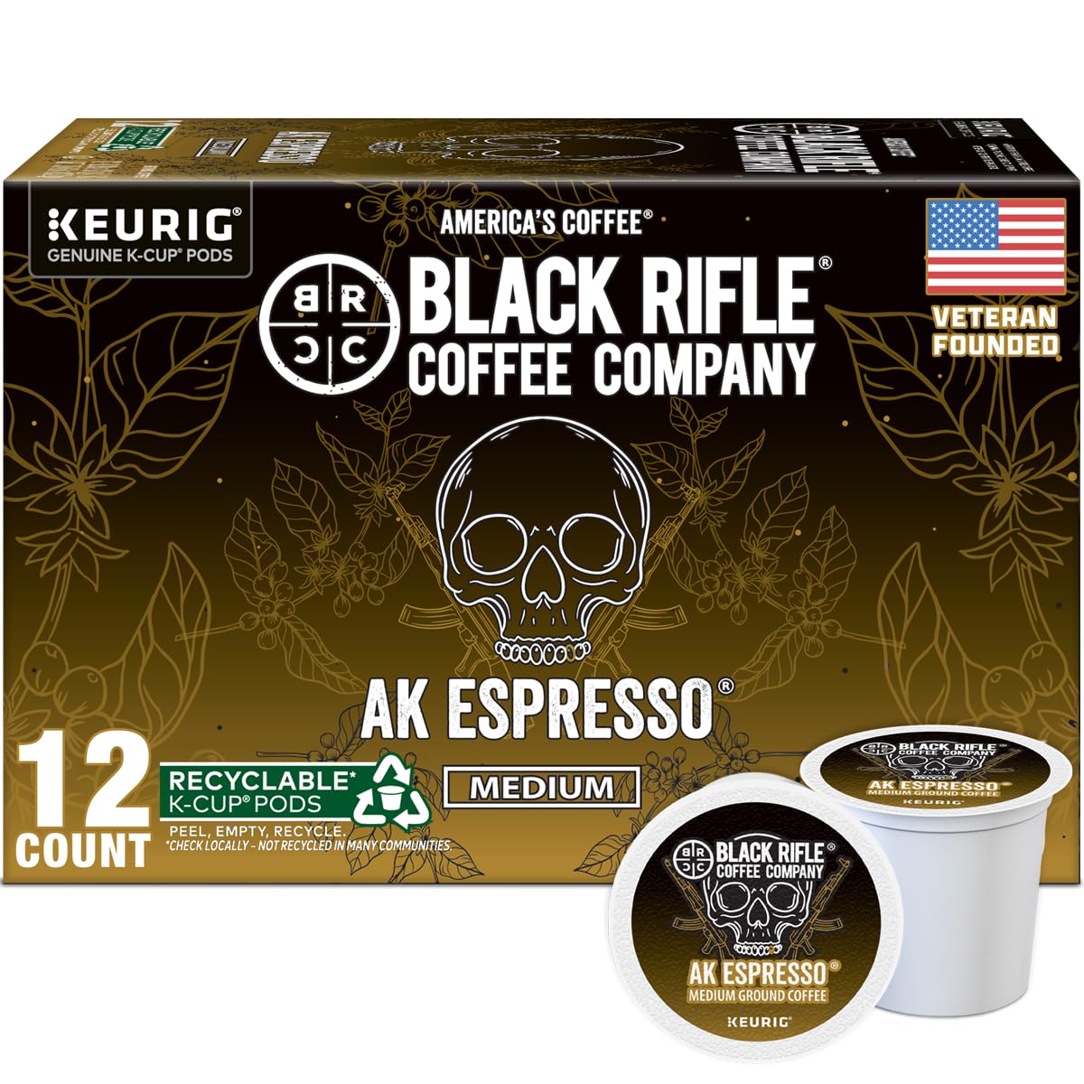 Black Rifle Coffee Company AK Espresso, 12 Count, Medium Roast K Cups - Single Serve K Cups Coffee Pods - Kcup Pods Compatible with Keurig 1.0 & 2.0