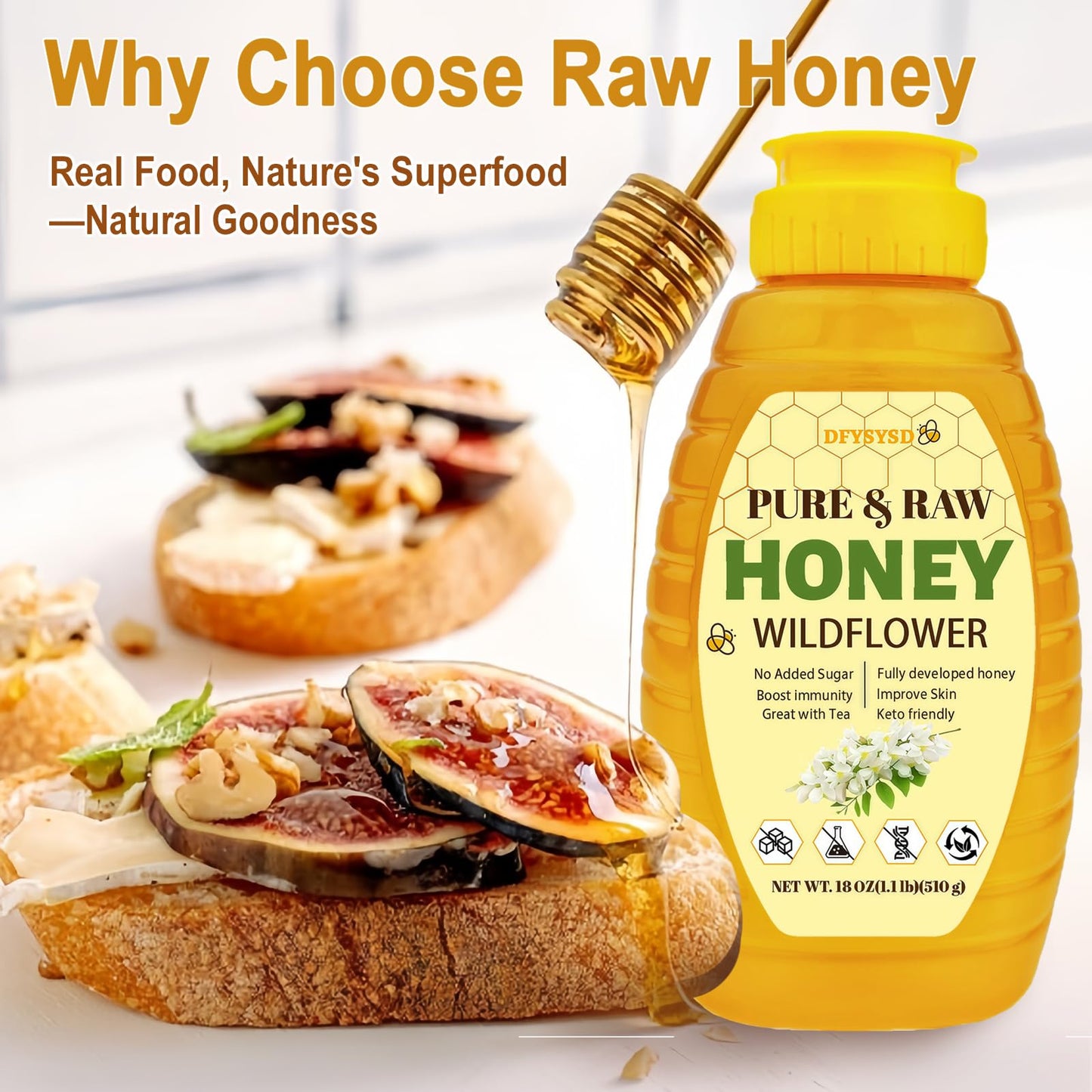 Wildflower Honey, 100% Raw Unfiltered Honey, 18oz/510g, Natural and Pure, Fresh Sweetness, Floral, a Hint of Fruit, for Milk, Tea & Daily Wellness