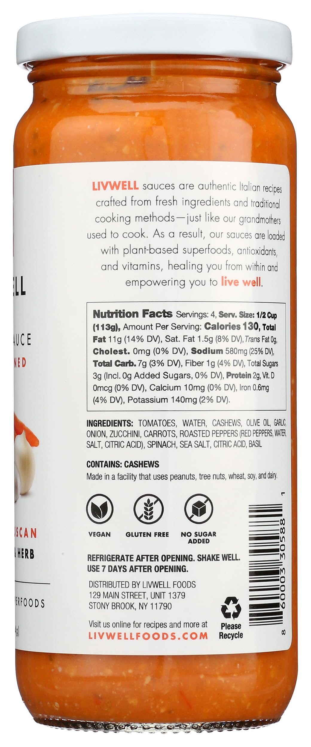 LIVWELL Tuscan Vegetable Pasta Sauce - Plant Based Vegan Dairy Free Tuscan Vodka Pasta Sauce with Cashews, Olive Oil, Roasted Garlic, & Tomato Basil