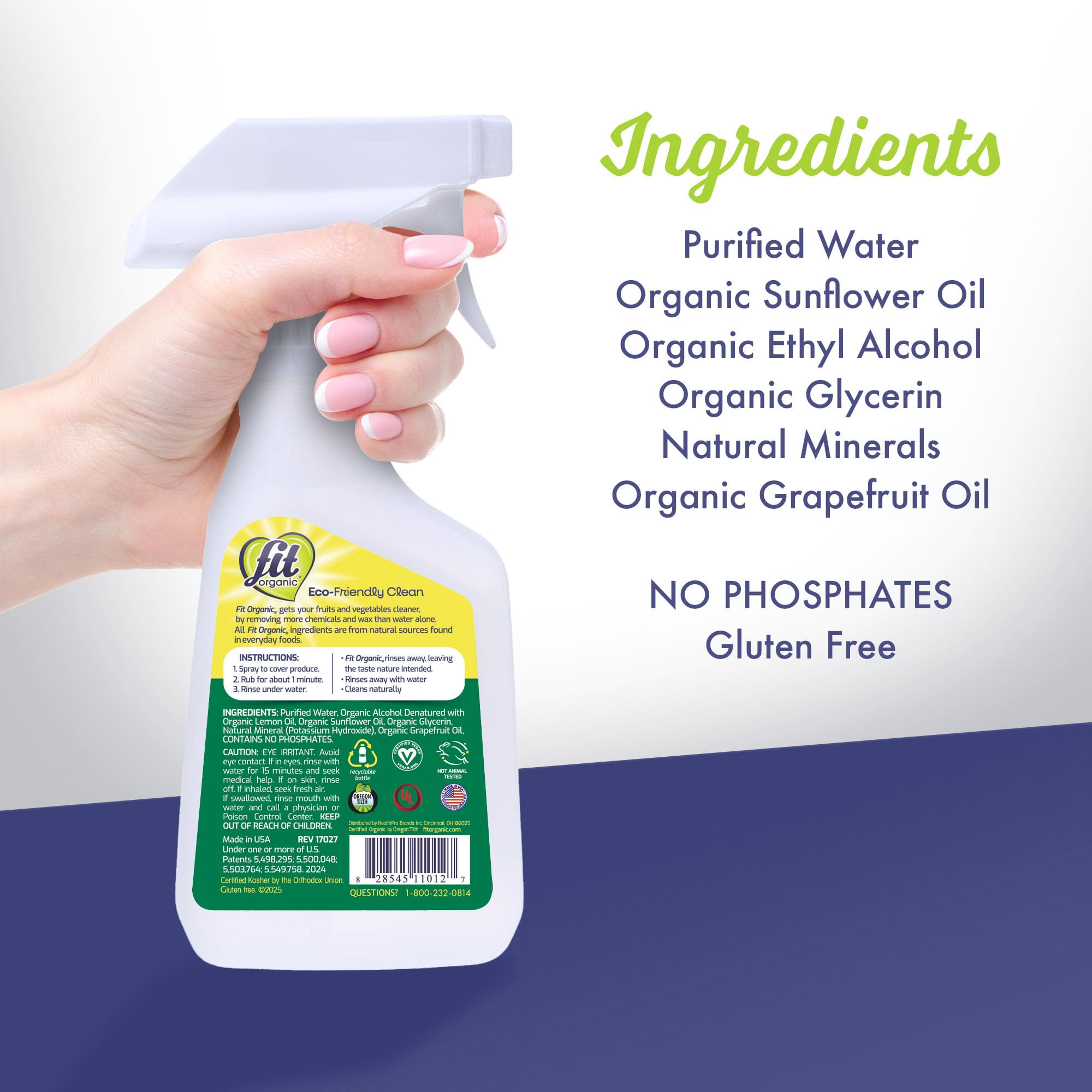FIT Organic Fruit and Vegetable Wash Spray - USDA Certified Organic & Kosher Produce Cleaner - Removes Surface Contaminants-Family & Pet Safe, Natural