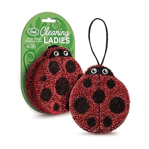 Genuine Fred Cleaning Ladies Ladybug Sponges, Set of 2 Scrubber Sponges, Gentle on Cookware, Tough on Grime, Corded Loop for Easy Drying, Fun