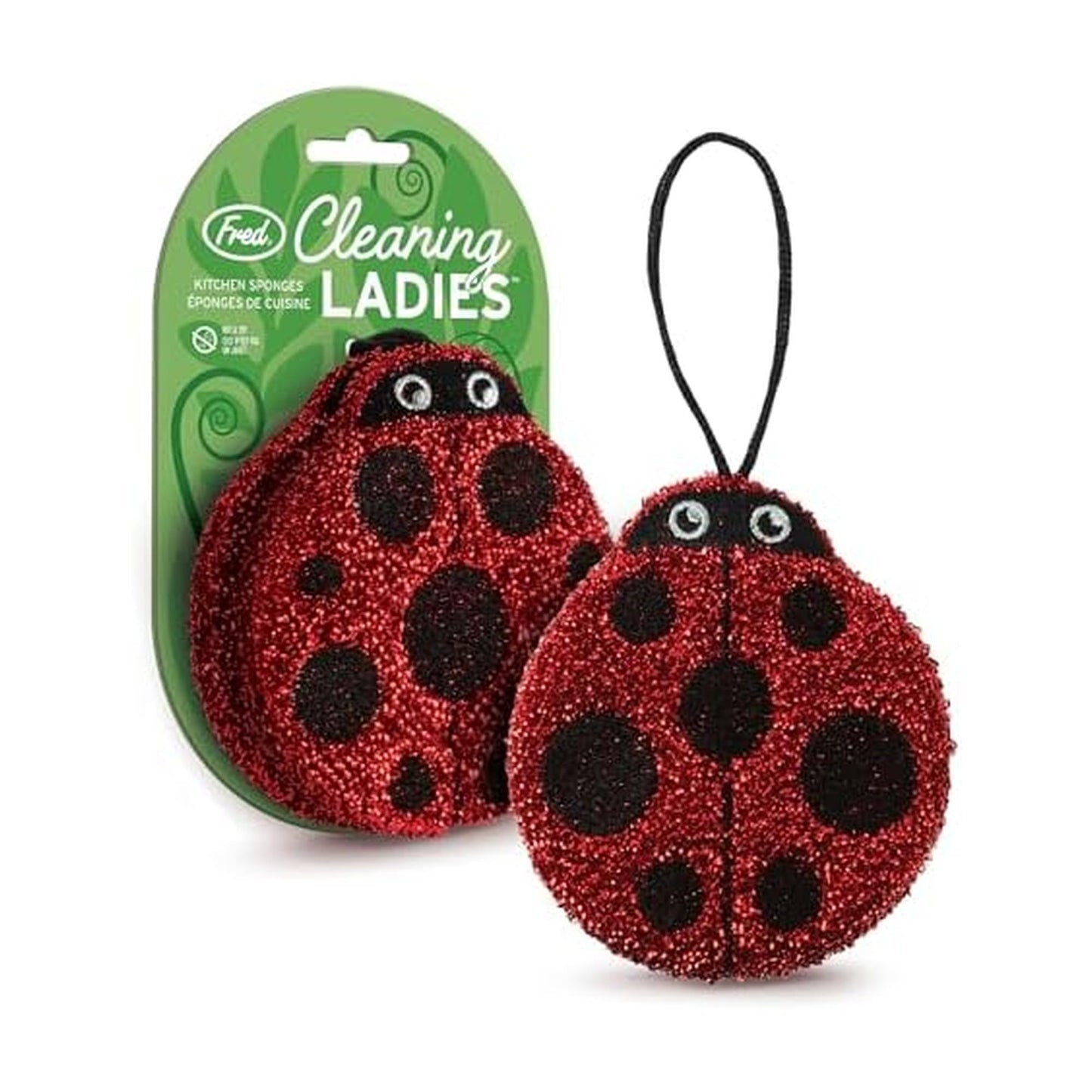 Genuine Fred Cleaning Ladies Ladybug Sponges, Set of 2 Scrubber Sponges, Gentle on Cookware, Tough on Grime, Corded Loop for Easy Drying, Fun