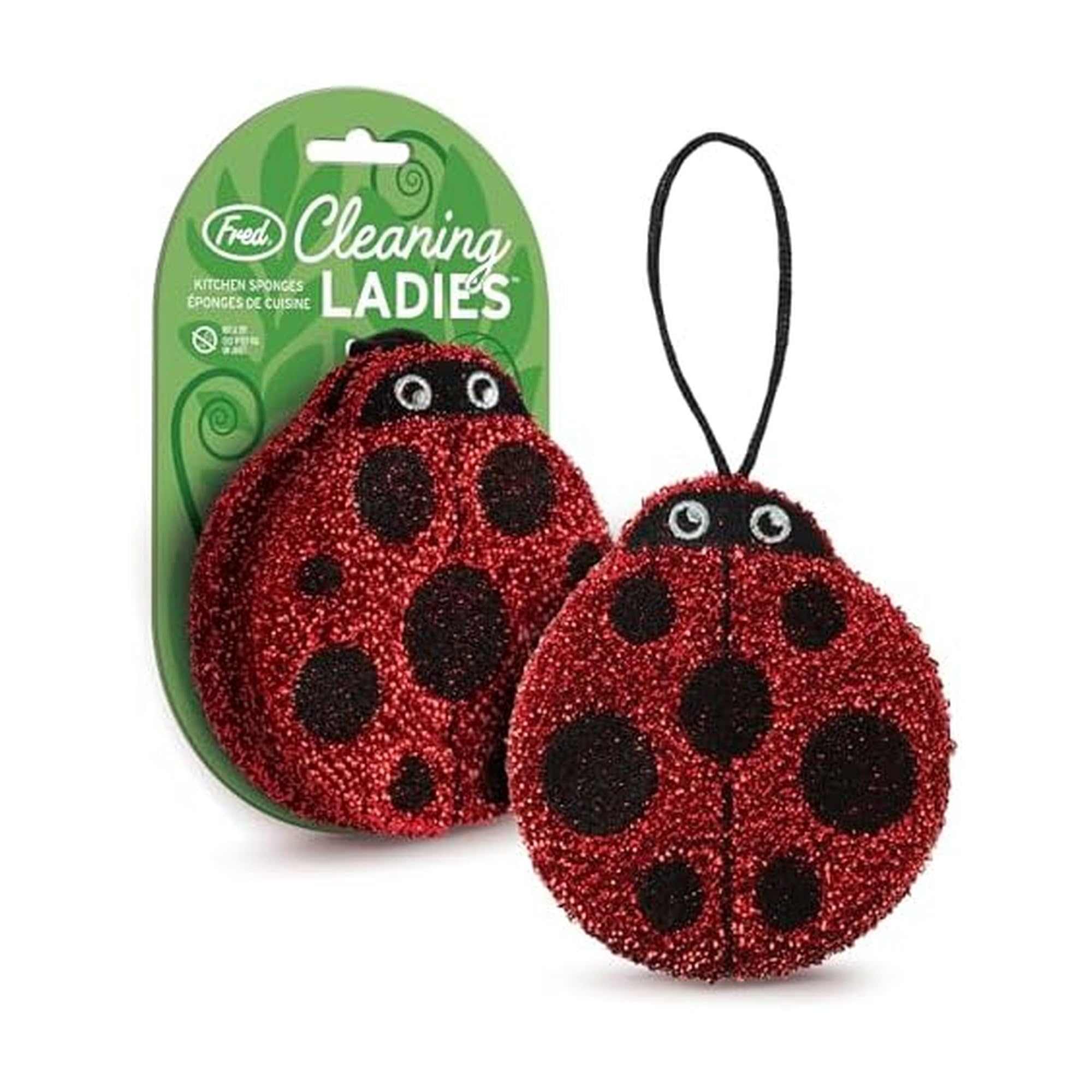 Genuine Fred Cleaning Ladies Ladybug Sponges, Set of 2 Scrubber Sponges, Gentle on Cookware, Tough on Grime, Corded Loop for Easy Drying, Fun