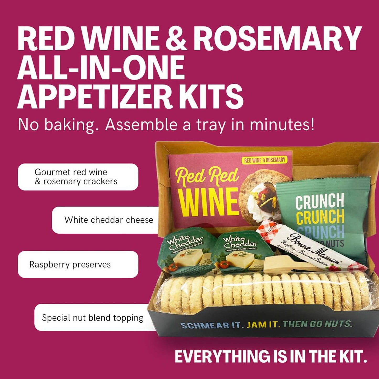 Crackerology Red Wine & Rosemary Gourmet Artisan Snack Kits, 20 Count Crackers Plus Toppings, Easy & Simple Ready-to-Eat, Appetizer For Charcuterie