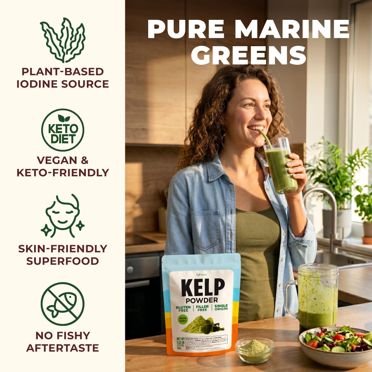 Kelp Powder 0.22 LB (28 Servings) - Pure Dried Superfood, Easy Mix, Sugar Free - Antioxidant Rich for Smoothies, Baking & Drinks - Non-GMO Gluten-Free