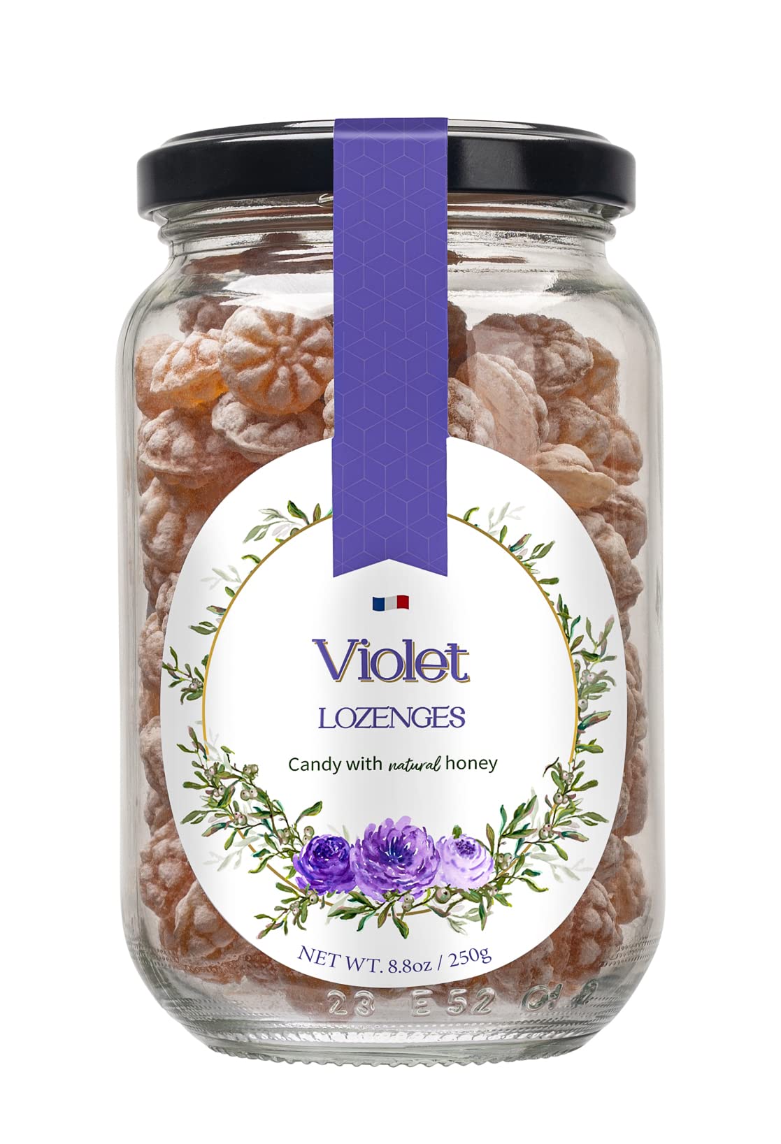 Gourmanity Violet Flavor Honey Lozenges Made with Real Honey and Natural Violet Flavor, Luxury French Candy, Great for Soothing your Throat, 8.8oz Jar