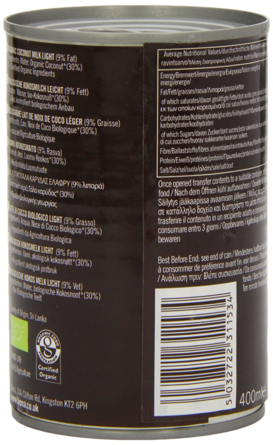 Biona Coconut Milk - Light 9% fat Organic 400ml-4 Pack