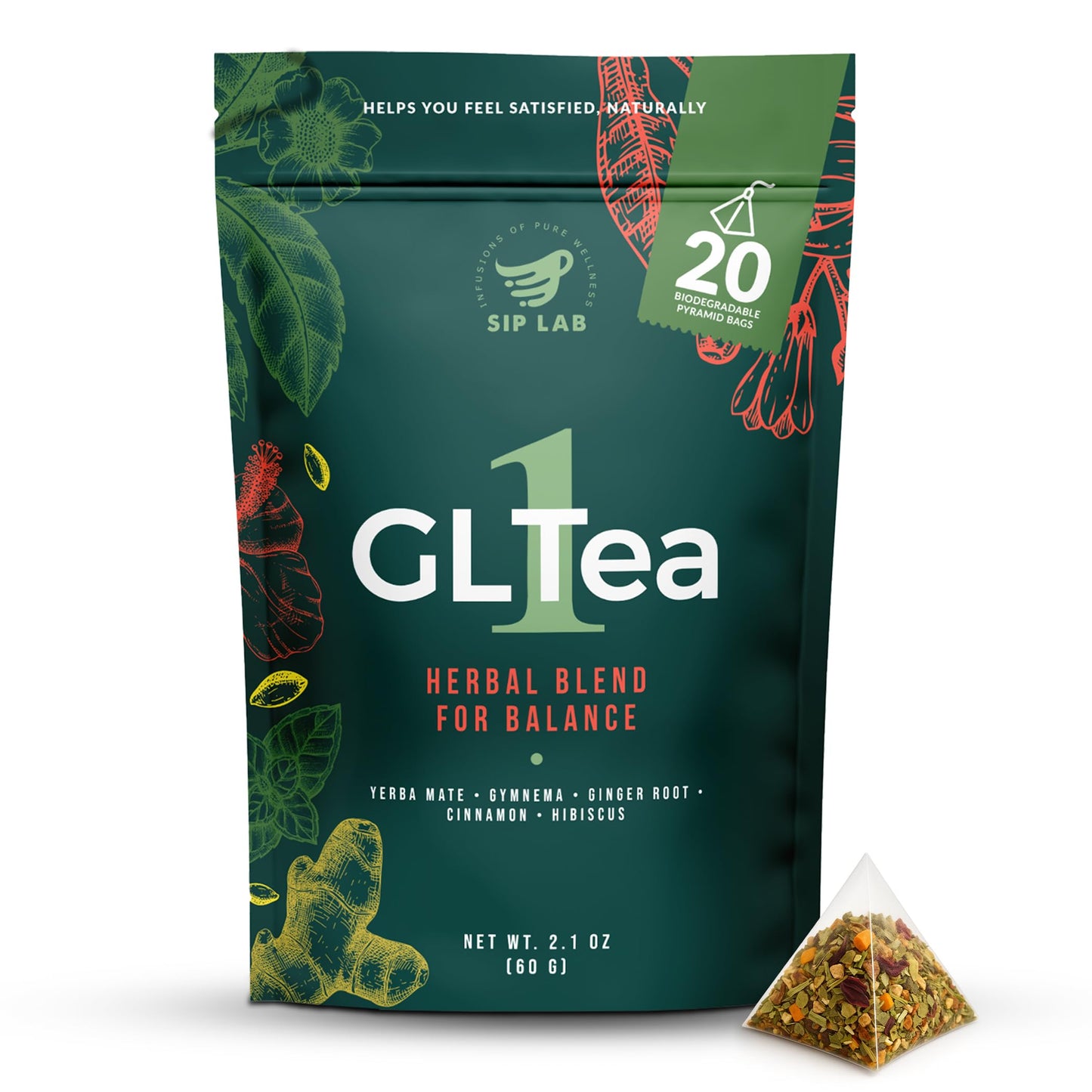 Sip Lab GLTea-1 Yerba Mate Tea Bags | 8 Botanical Blend with Gymnema, Ginger, Cinnamon, Hibiscus | Natural Energy, No Coffee Crash | Premium Pyramid