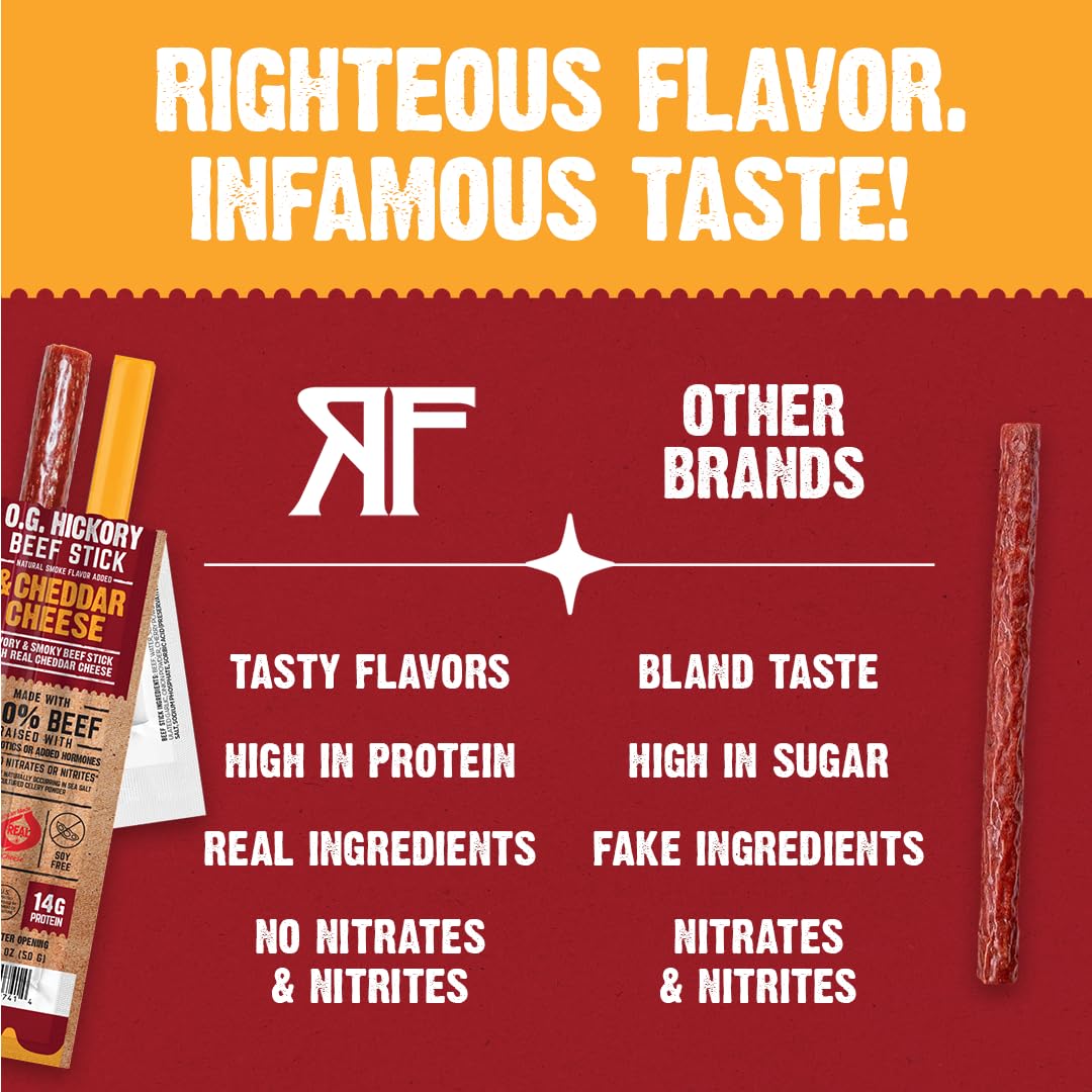 Righteous Felon O.G. Hickory Beef & Cheddar Cheese Sticks, 14g Protein, Shelf Stable Meat and Cheese Snack, 100% Grass-Feed Beef, Individually Wrapped