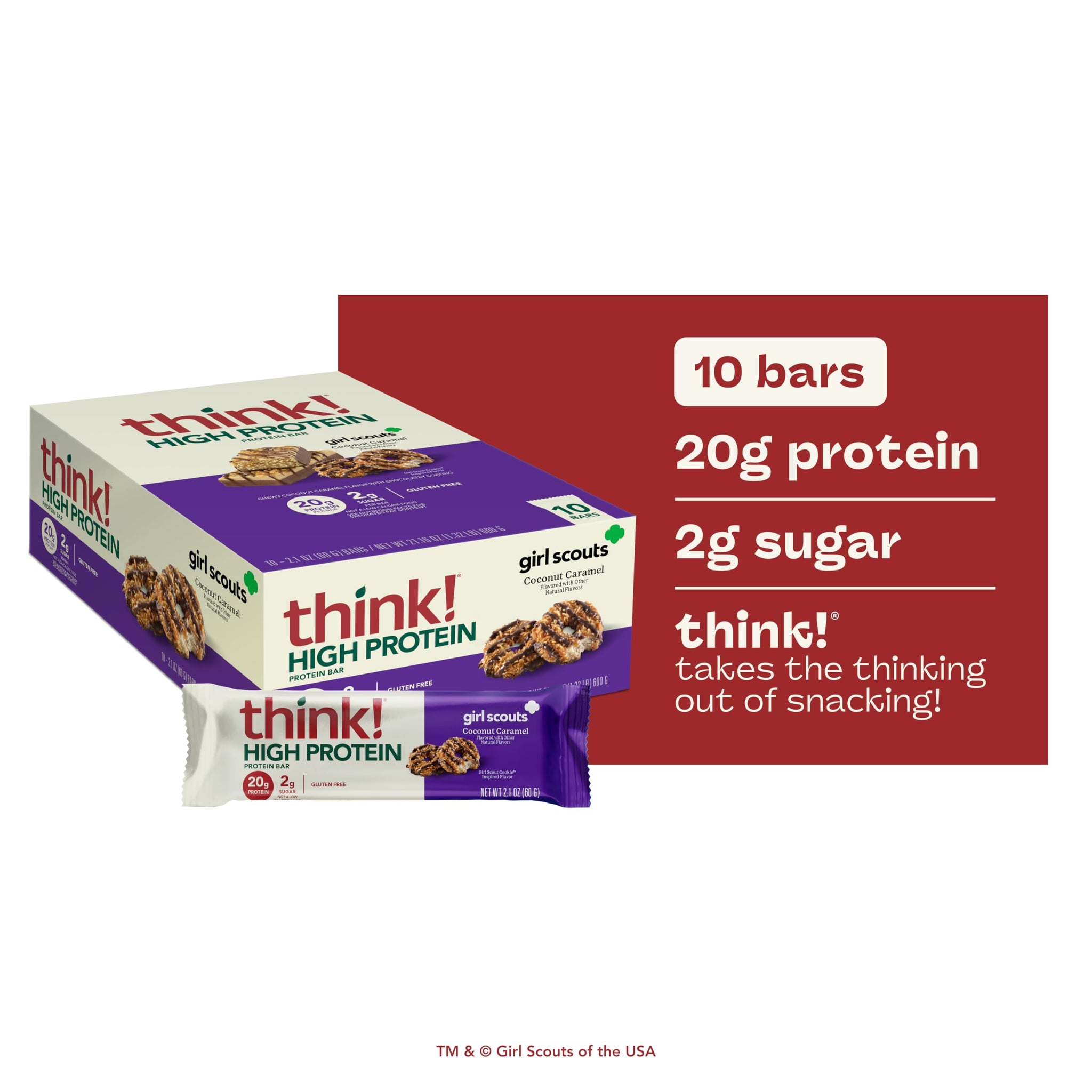 think! Protein Bars, High Protein Snacks, Gluten Free, 20 grams of Whey Protein, Coconut Caramel (10 Count)