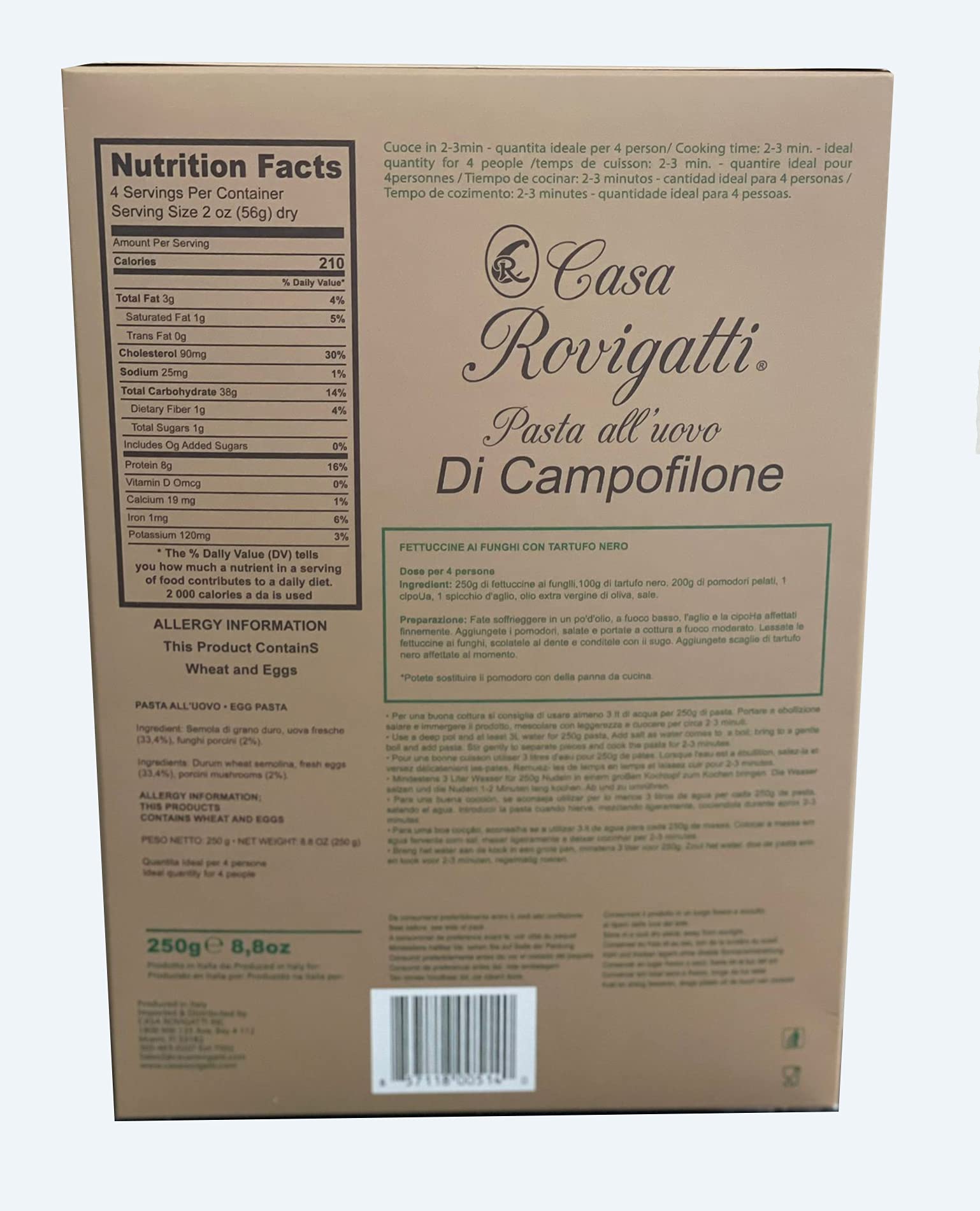 Fettuccine with Mushroom (Pack of 4) - Funghi Italian Pasta From the Region of Di Campofilone- Imported Italian Gourmet Egg Pasta- 8.8 ounces / 250