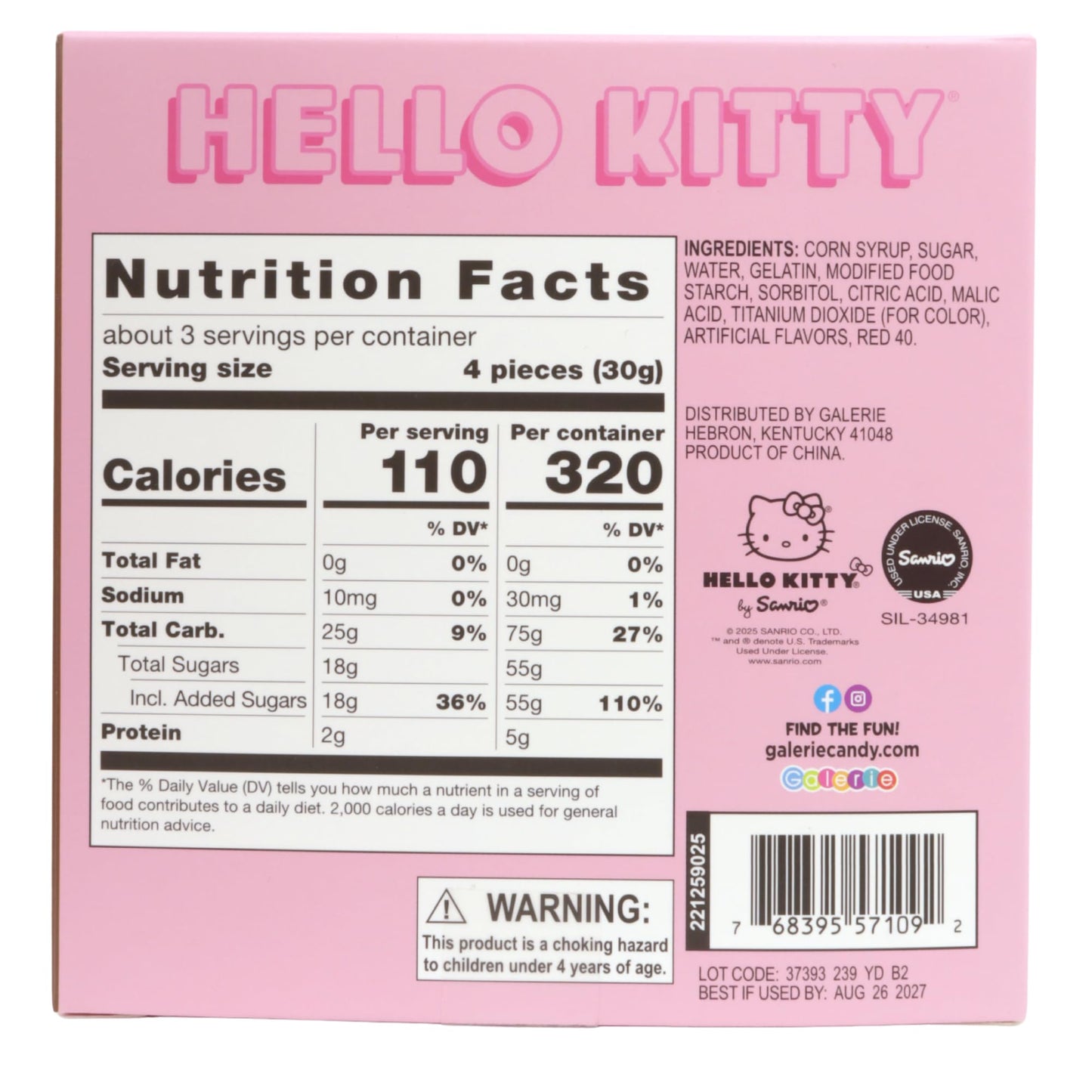 Hello Kitty Valentine's Day Gift Box, Fruit Punch Flavored Gummies Inside, Individually Wrapped Pieces, 3.17 Ounces