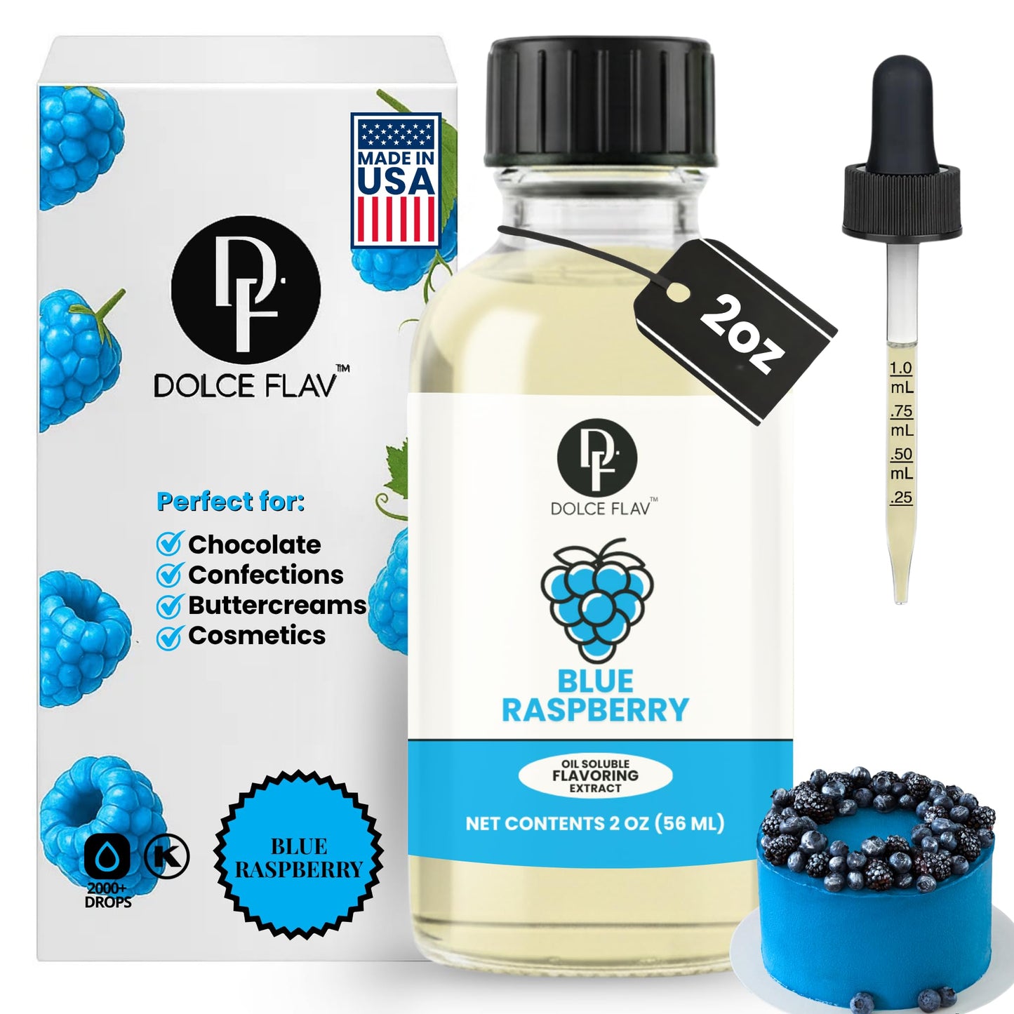 Dolce Flav Blue Raspberry Extract - 2 Ounce Oil-Soluble Kosher, Sugar-Free, Concentrated Blue Raspberry Flavoring for Baking, Chocolates & Desserts