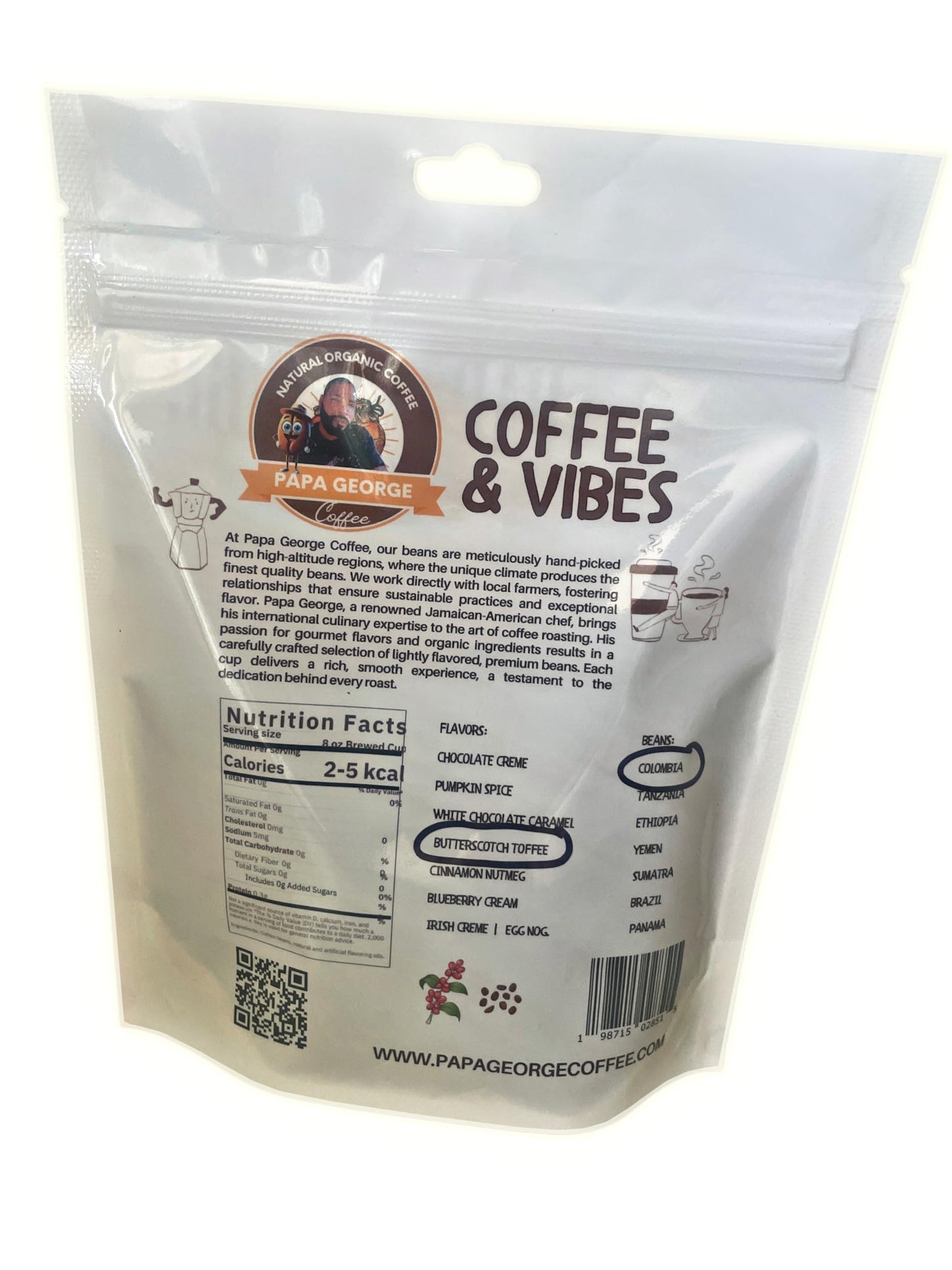 Papa George Gourmet Arabica Coffee Whole Beans, Colombian, Butterscotch Toffee Flavor, 12 oz