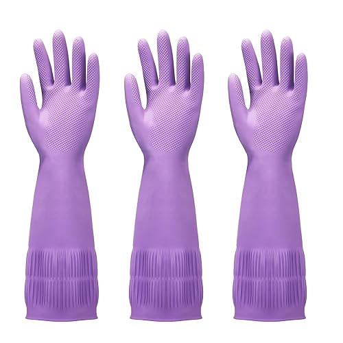 FMP Brands 3 Pairs Rubber Dishwashing Gloves-15'' Long Elastic Comfortable to Wear, Reinforced Non-Slip Design and Reusable for Household Cleaning