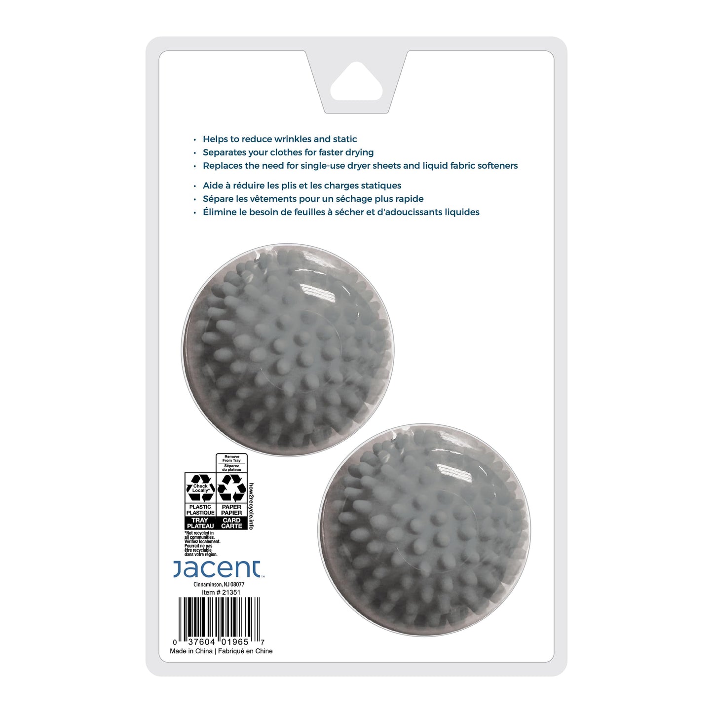 Jacent Dryer Balls, 2 Count, Gray, Reduces Static and Wrinkles