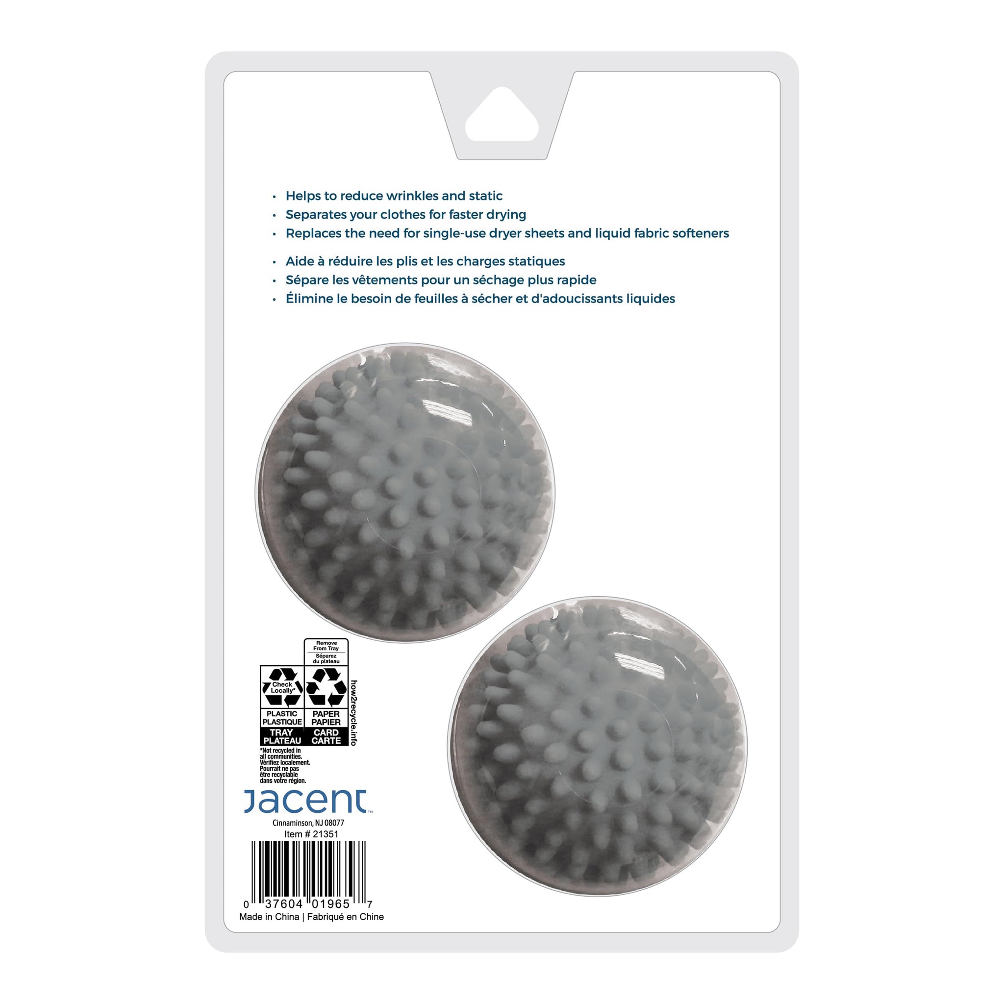 Jacent Dryer Balls, 2 Count, Gray, Reduces Static and Wrinkles