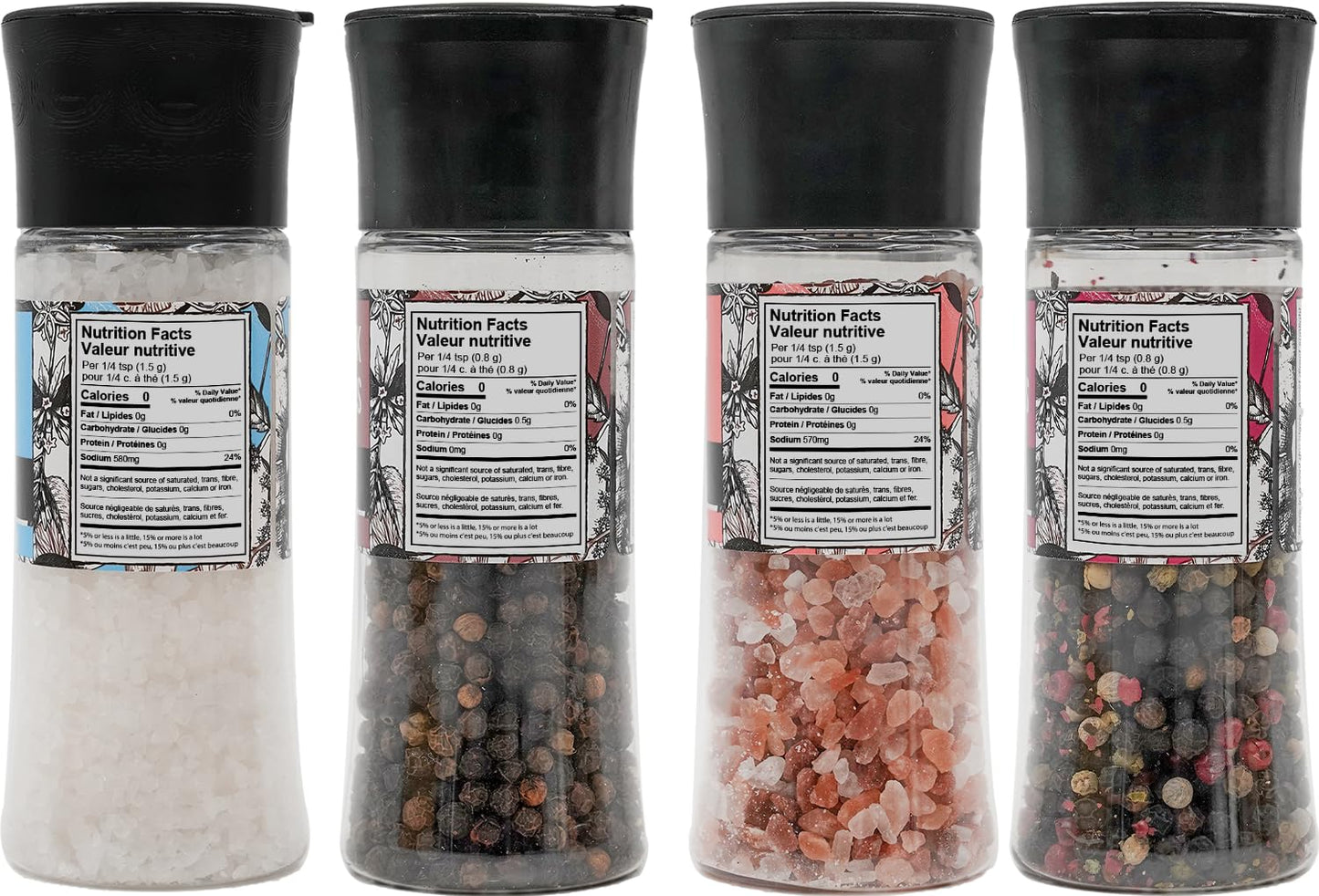 Soeos Spice Seasoning Set of 4, 9.8oz(277.82g), With Integrated Grinders, Salt and Pepper Grinder Set, Pure and Fresh Perfect for BBQ Seasoning Gift