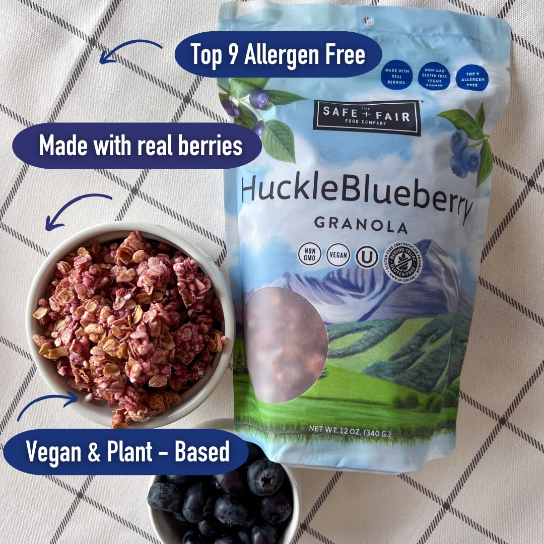 Safe + Fair HuckleBlueberry Granola - Gluten-Free, Dairy-Free & Vegan Breakfast, Snack or Dessert - Allergen-Free, Non-GMO, and No Artificial