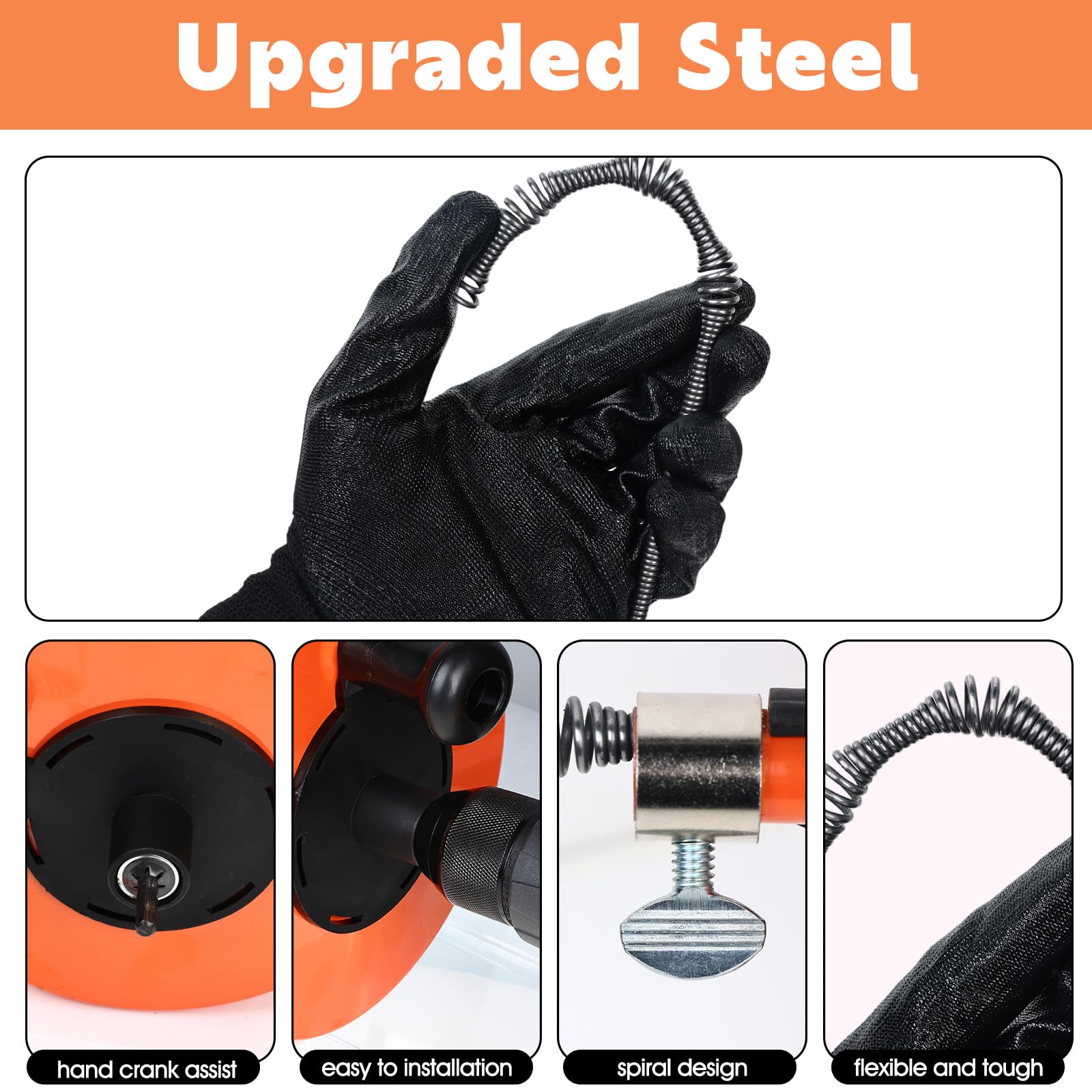 50 Ft Drain Auger,Use Manually or Drill Powered 50 Foot Drain Snake,Heavy Duty Flexible Plumbing Snake,With Gloves and Storage Bag for Kitchen Sink