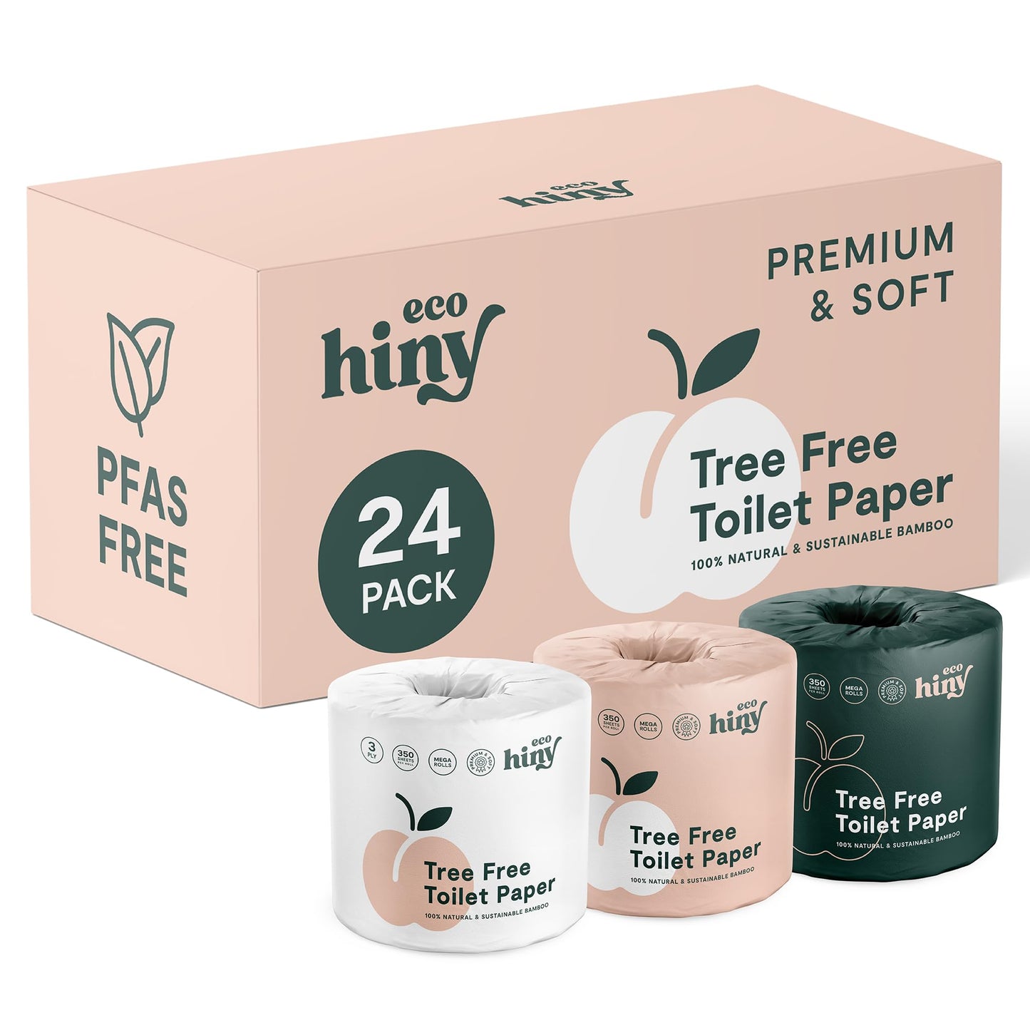 ecoHiny Premium & Soft Bamboo Toilet Paper | PFAS Free | 24 Mega Rolls, 3 ply & 350 Sheets | Non Toxic, FSC Certified, Septic Safe, BPA Free | Tree