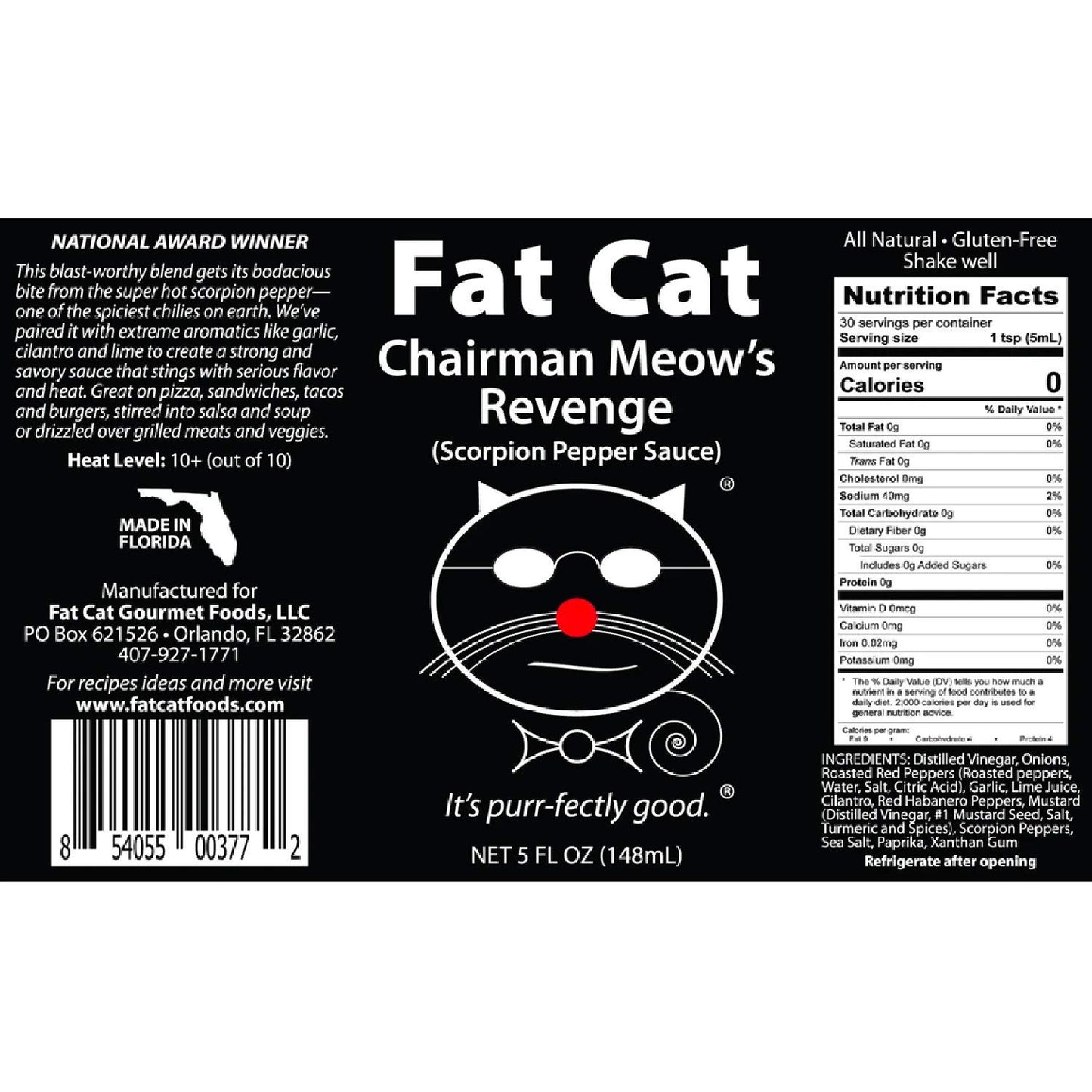 Chairman Meow's Revenge Scorpion Pepper Sauce by Fat Cat Gourmet | Strong & Savory | Great with Grilled Meats, Veggies, Tacos, Dips | Very Hot |
