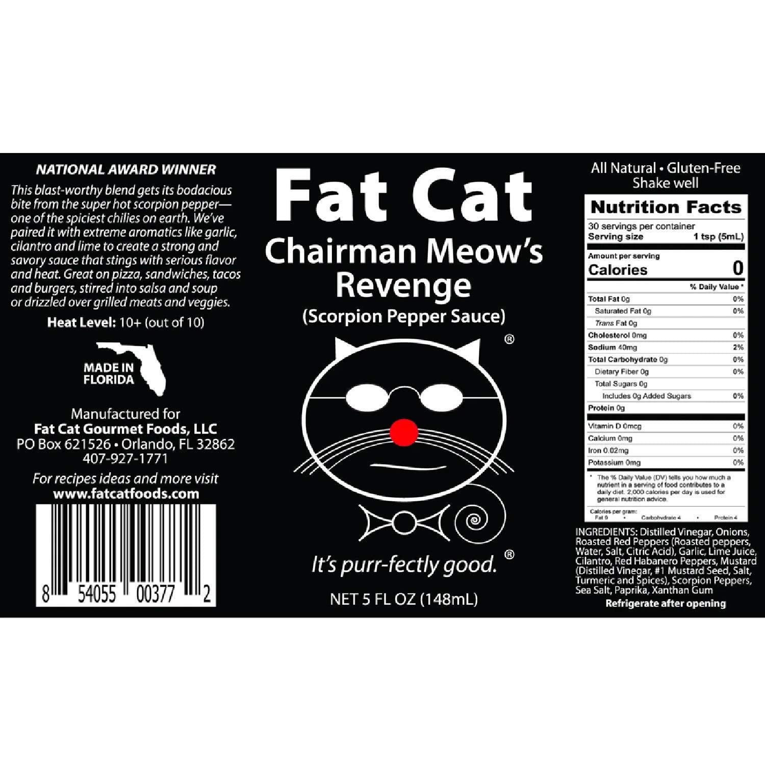 Chairman Meow's Revenge Scorpion Pepper Sauce by Fat Cat Gourmet | Strong & Savory | Great with Grilled Meats, Veggies, Tacos, Dips | Very Hot |