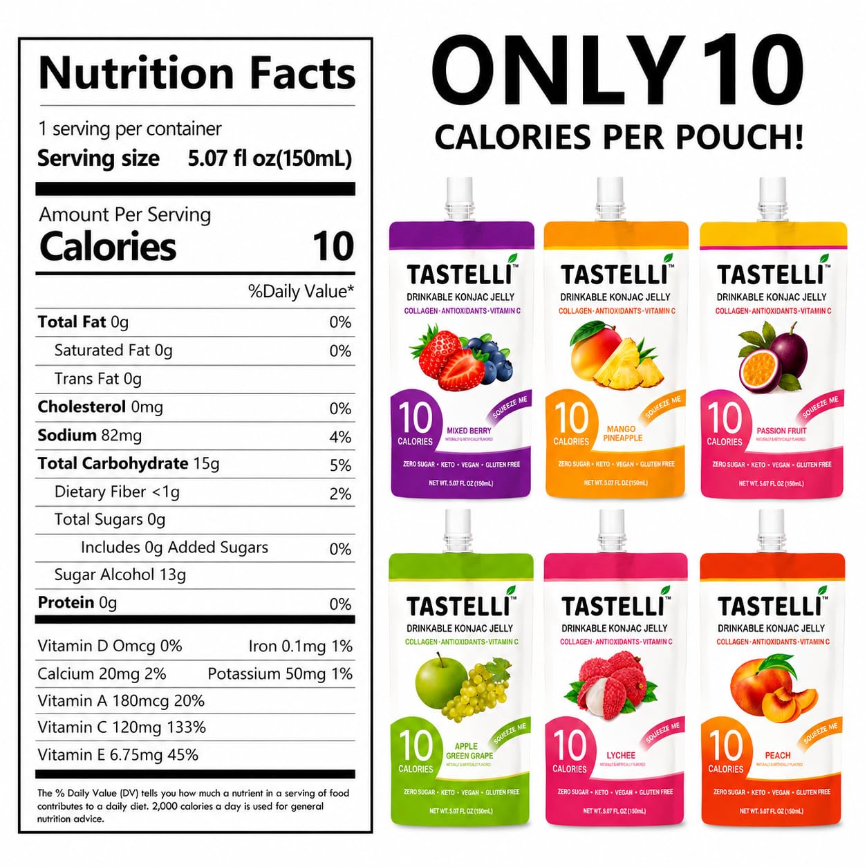Tastelli Konjac Jelly Variety Pack (18 Pouches) - 1000 mg Collagen + Vitamin C + Antioxidants - 10 Calories, Vegan, Zero Sugar - Healthy Drinkable