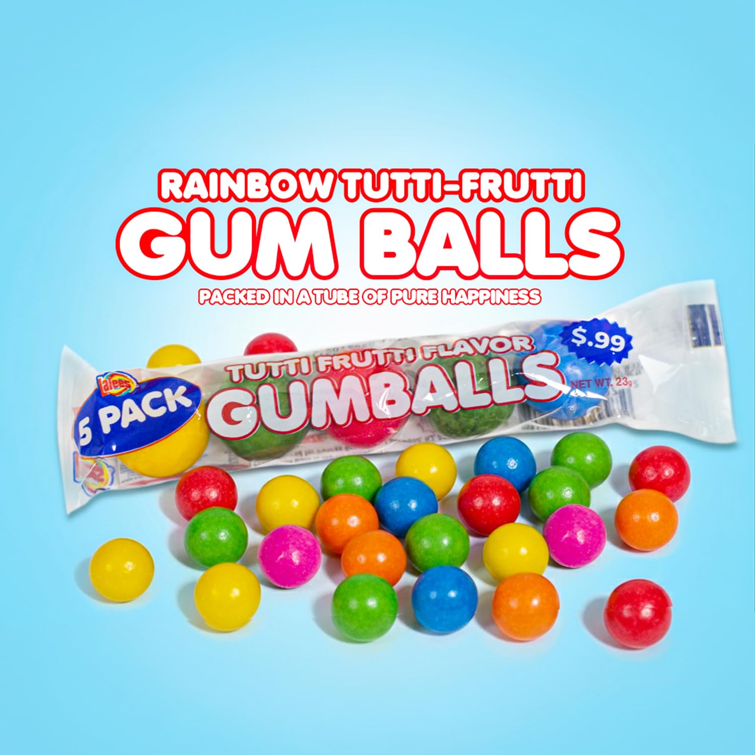 Lalees Bulk Gumballs - No Artificial Dyes - Pack of 30 Tubes - Rainbow Gum Balls Tubes - Tutti Frutti Flavored - Bulk Chewing Candy for Sporting