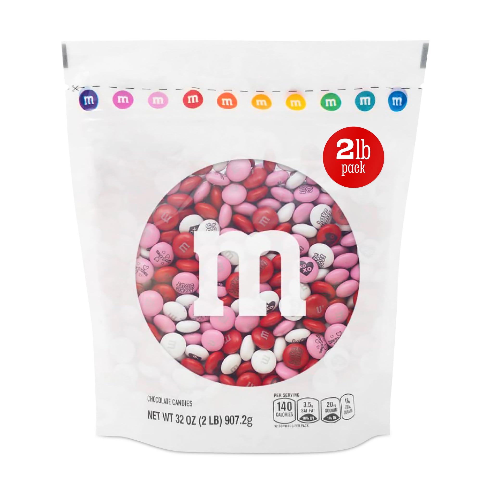 M&M’S Valentine's Day Chocolate Gift Bag, 2lb Red Pink White M&M'S with Messages, Bulk Valentine's Candy for Galentine’s Gifts, Party Favors, Candy