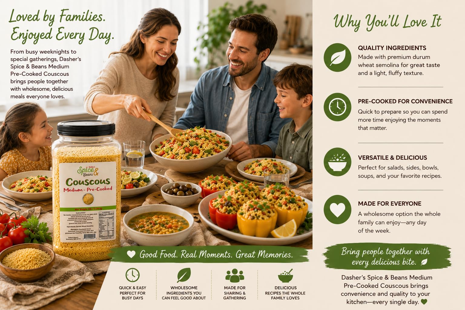 Medium Pre-cooked Couscous | 5 lb Container | Durum Wheat Semolina | Quick Cooking Grain for Salads | Side Dishes | Meal Prep & Mediterranean Recipes by Dasher's Spice & Beans